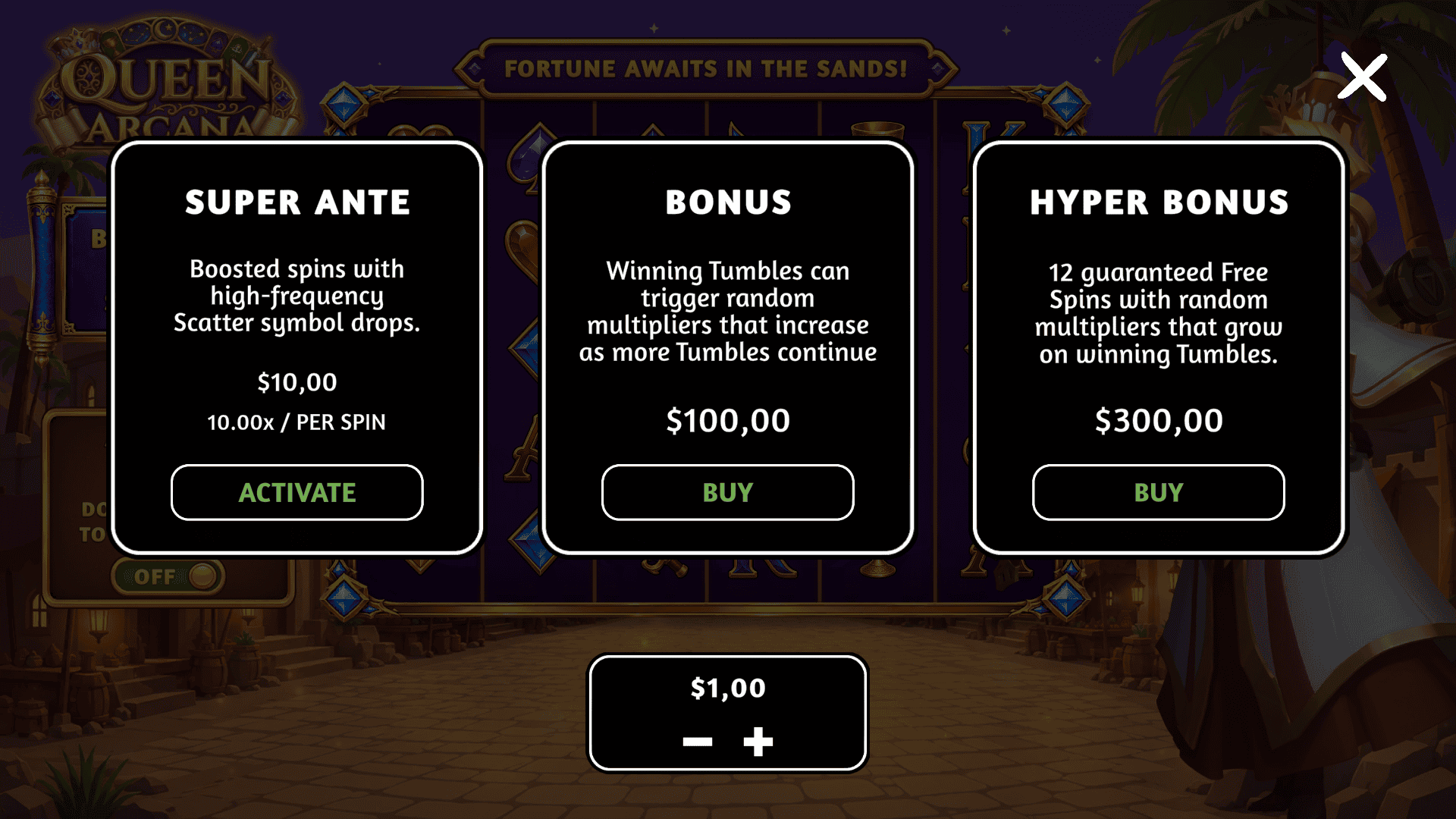 Queen Arcana bonus buy menu
