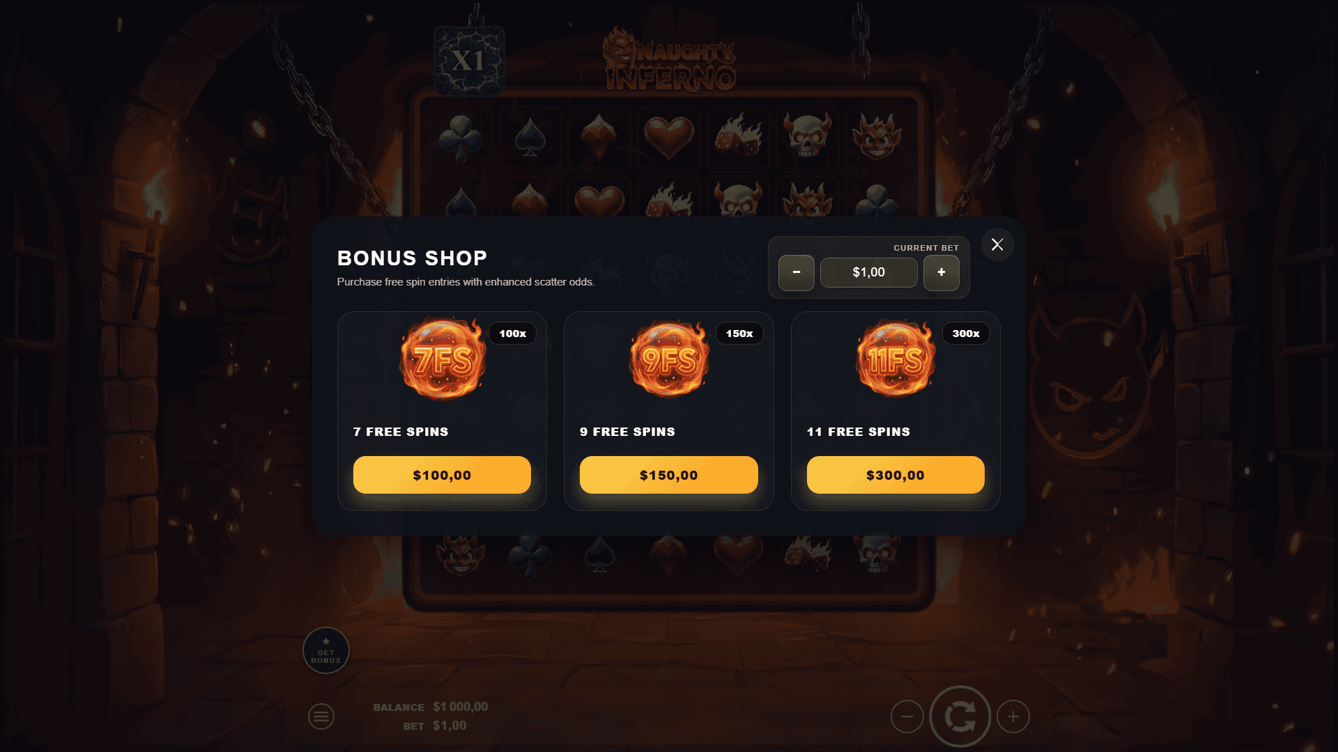 Naughty Inferno bonus buy menu