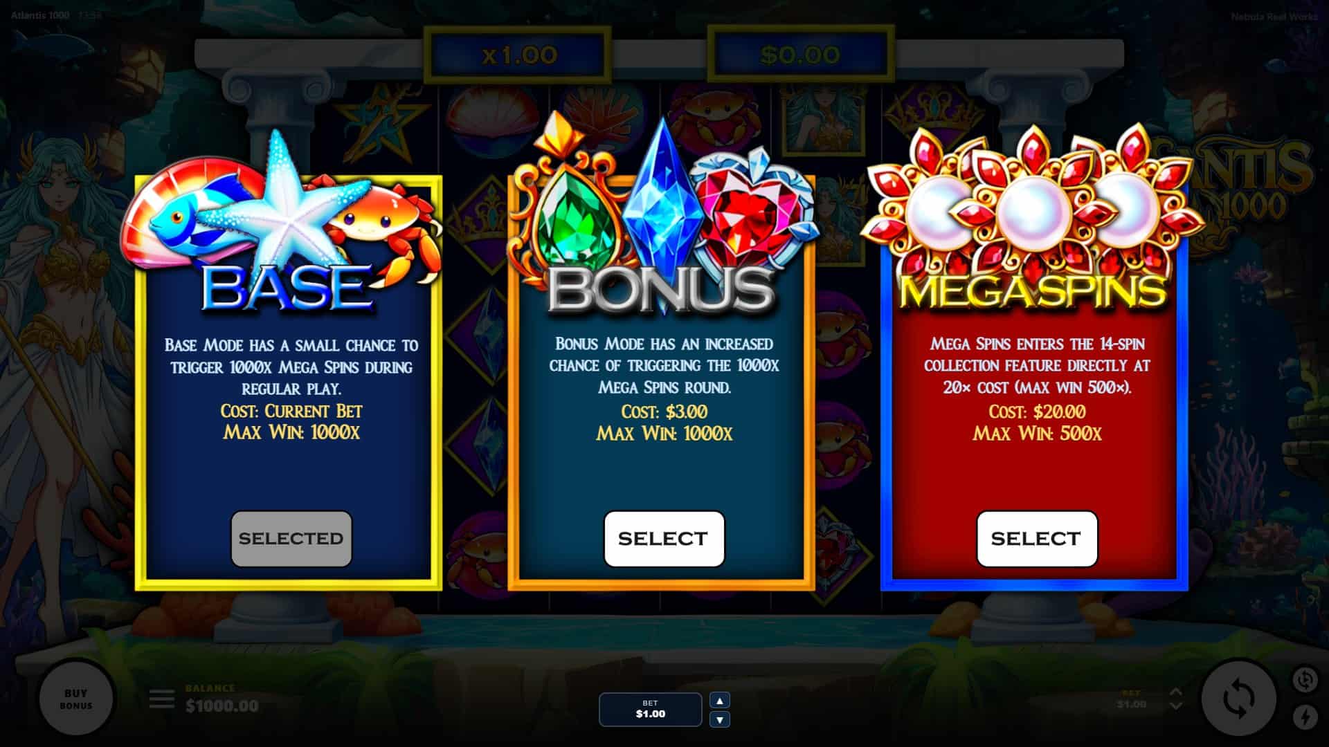 Atlantis 1000 bonus buy menu