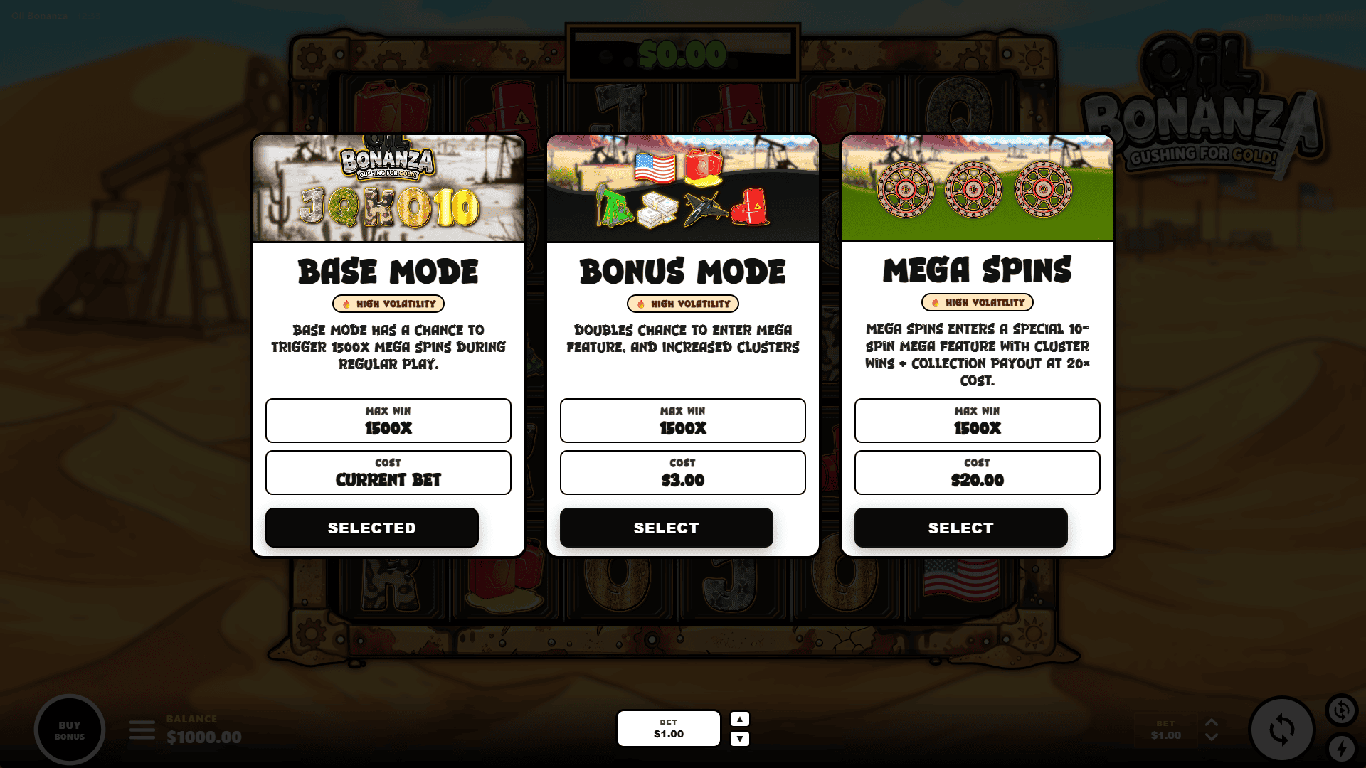 Oil Bonanza bonus buy menu