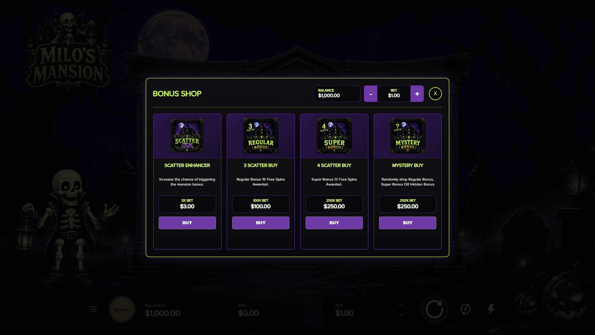 Milo's Mansion bonus buy menu