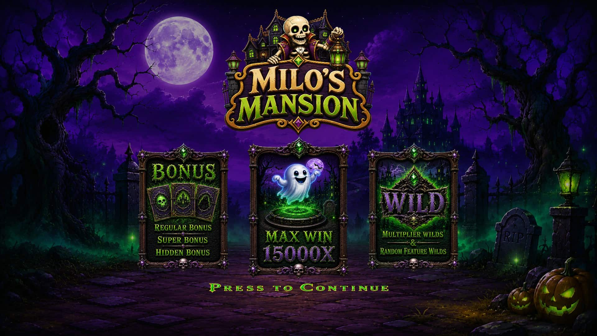 Milo's Mansion slot intro screen