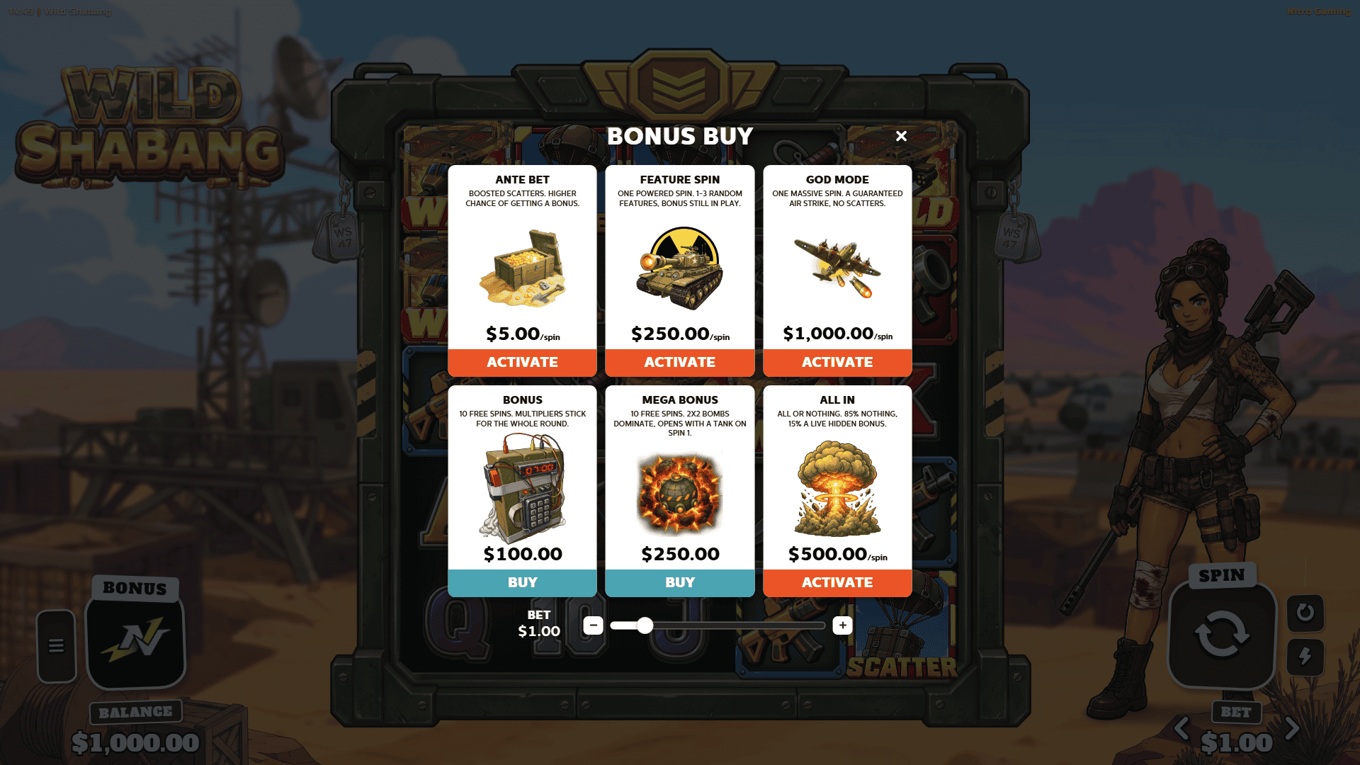 Wild Shabang bonus buy menu