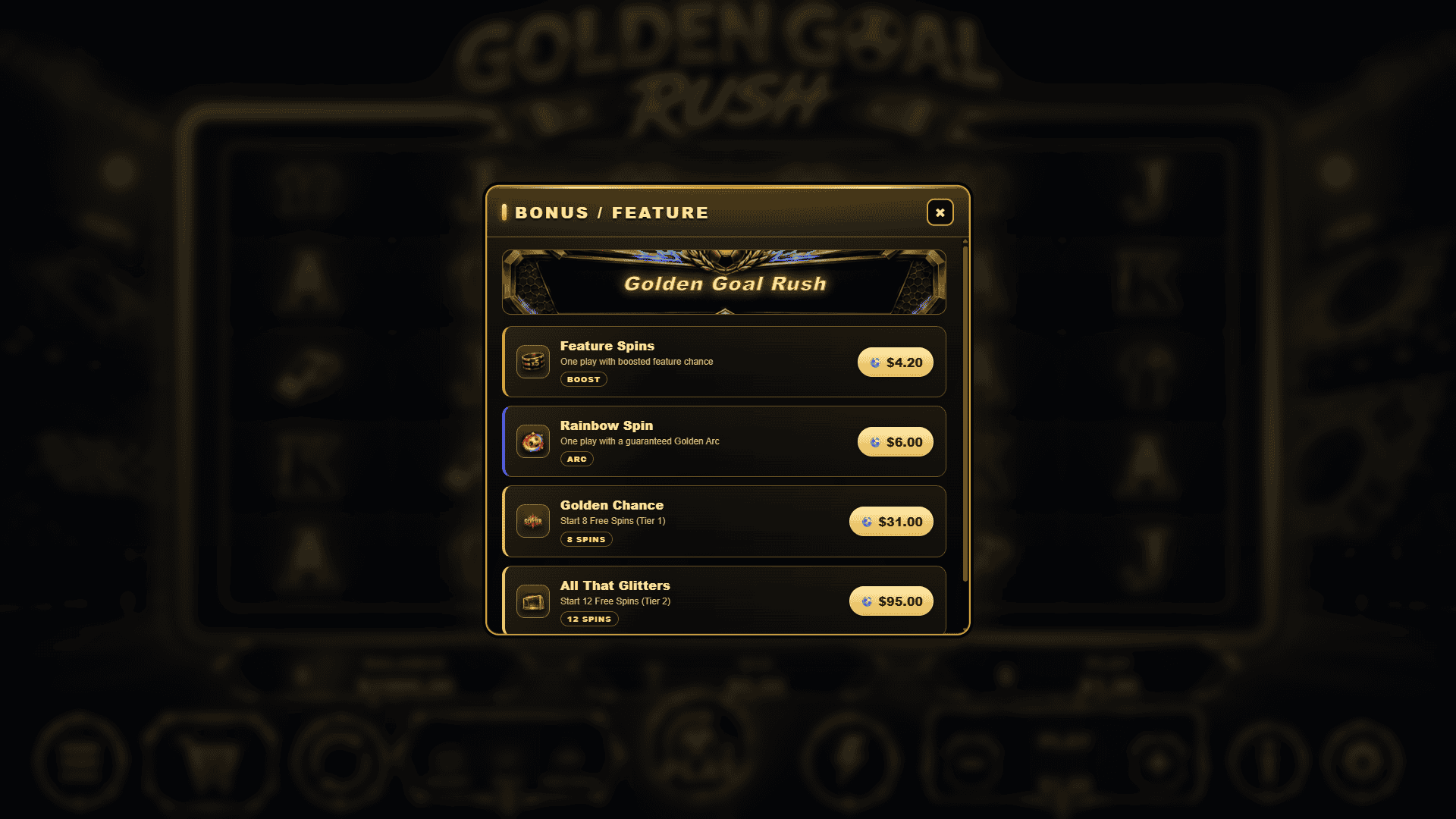 Golden Goal Rush bonus buy menu