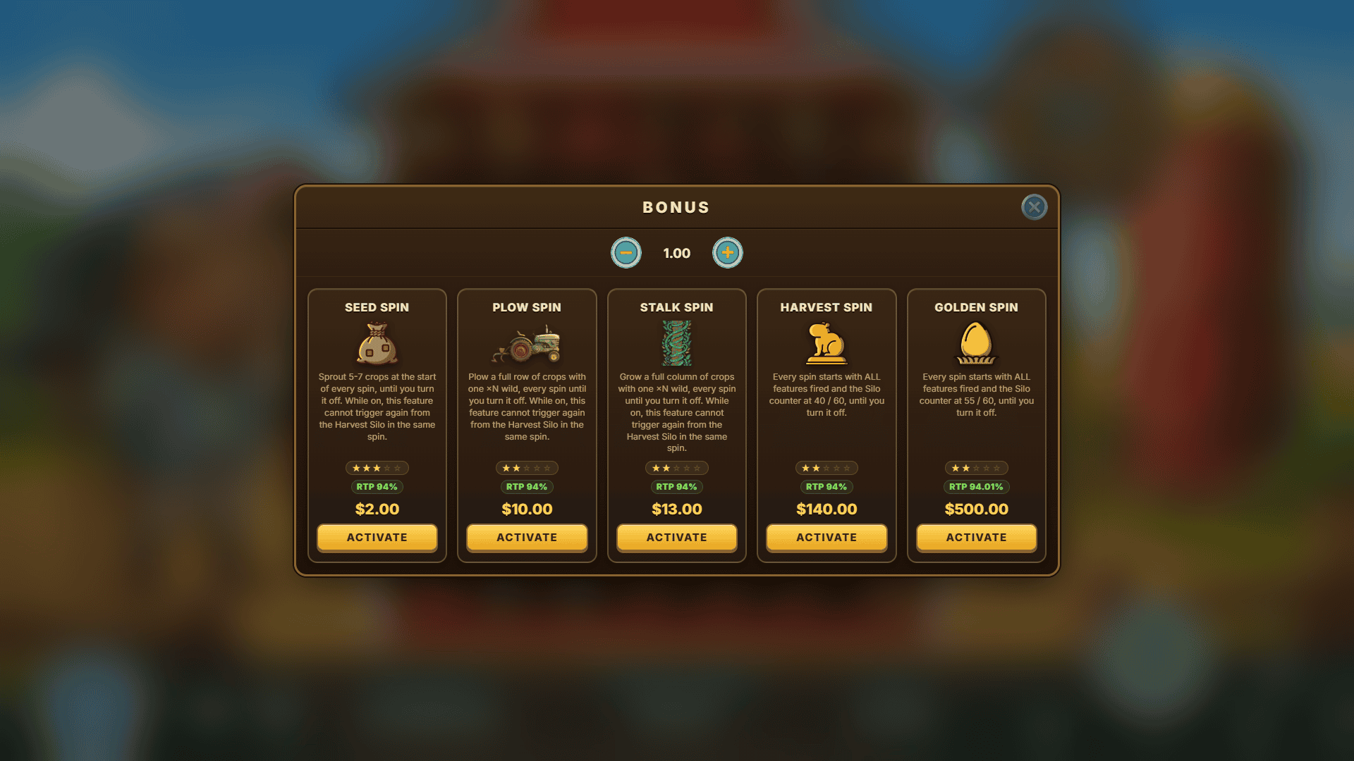 Farmer Capy bonus buy menu