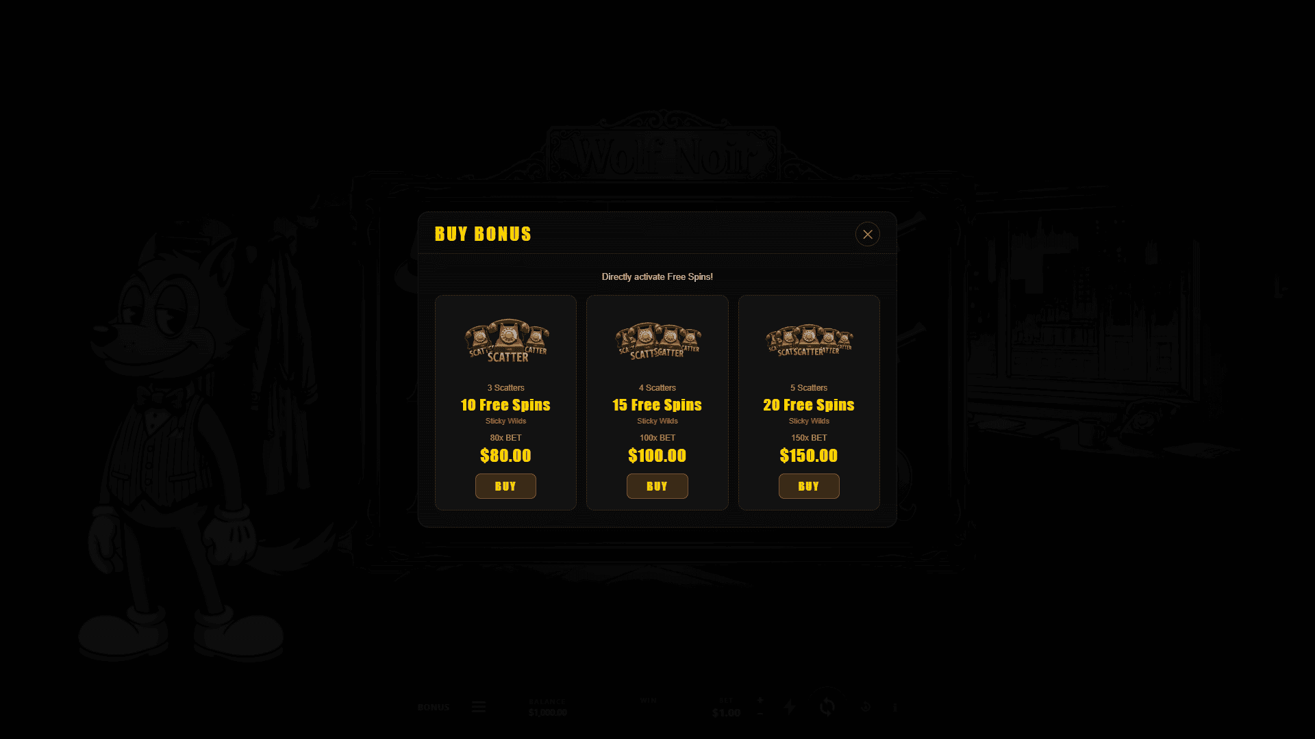 Wolf Noir bonus buy menu