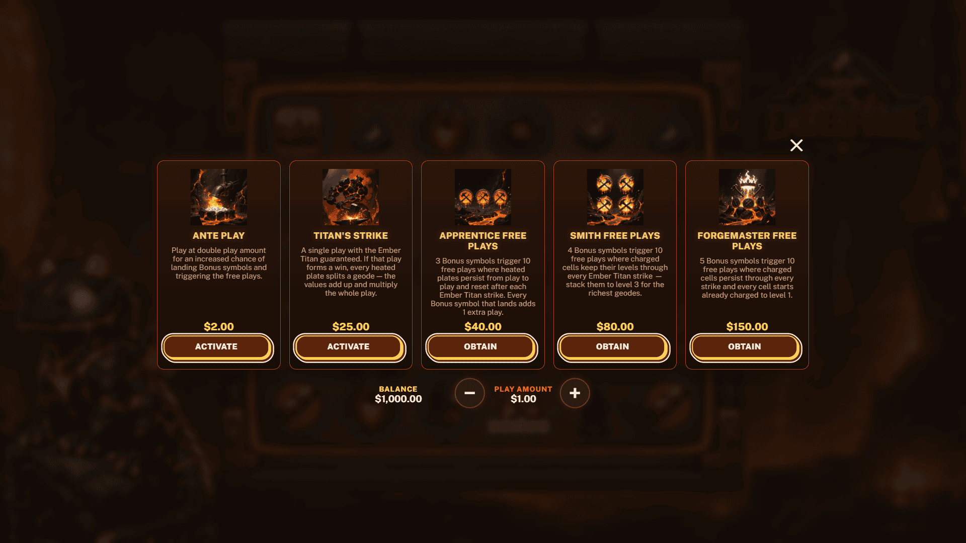 EmberForge bonus buy menu