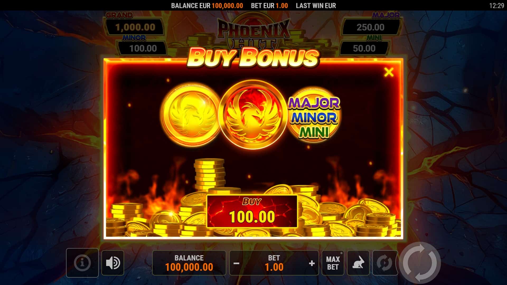 Phoenix HIT Hotfire Hold and Win bonus buy menu