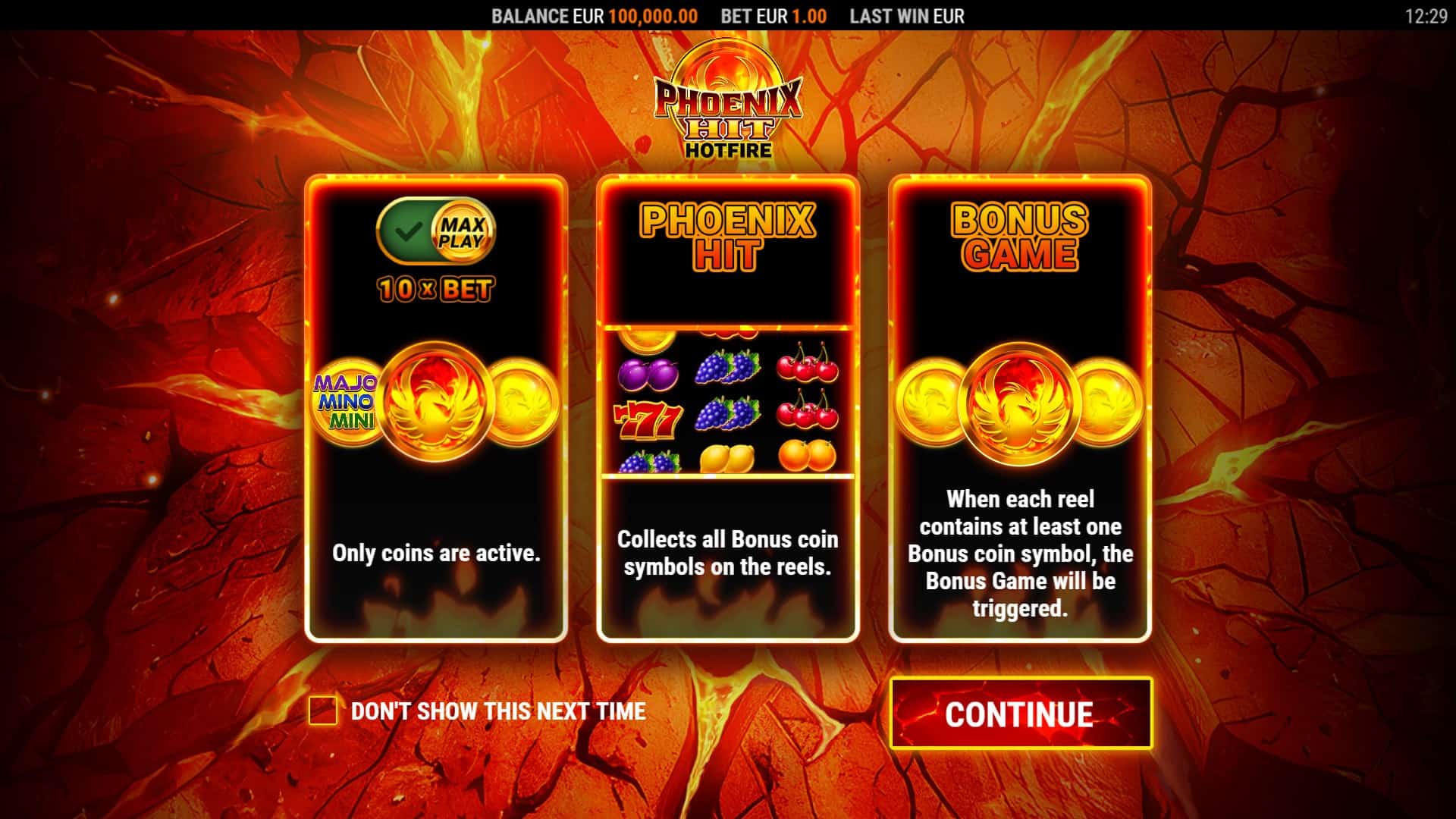 Phoenix HIT Hotfire Hold and Win slot intro screen
