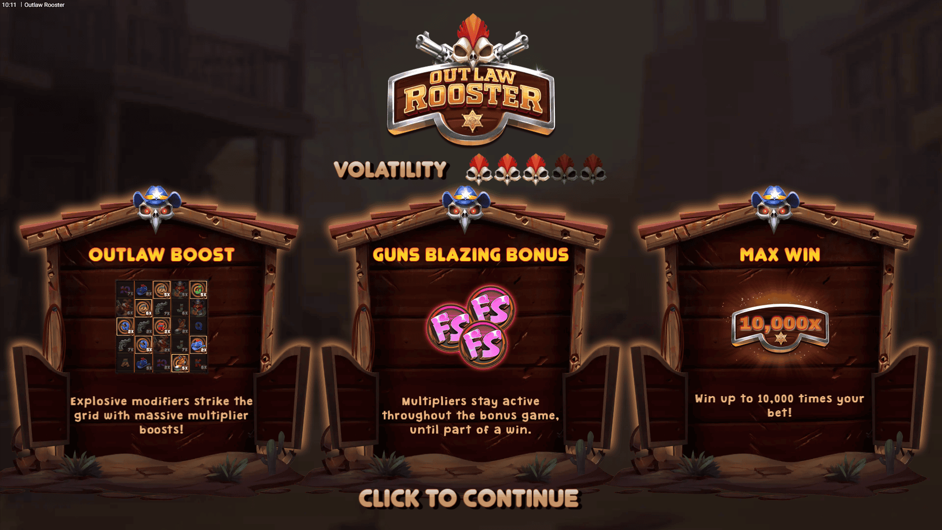 Outlaw Rooster slot intro screen