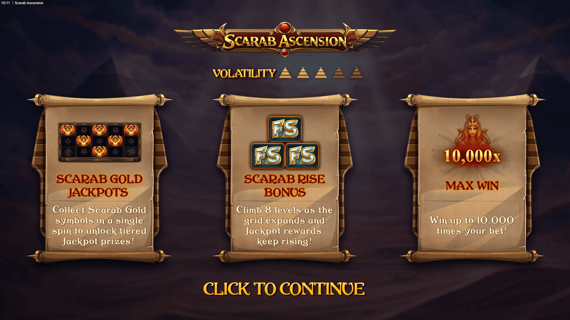 Scarab Ascension slot intro screen