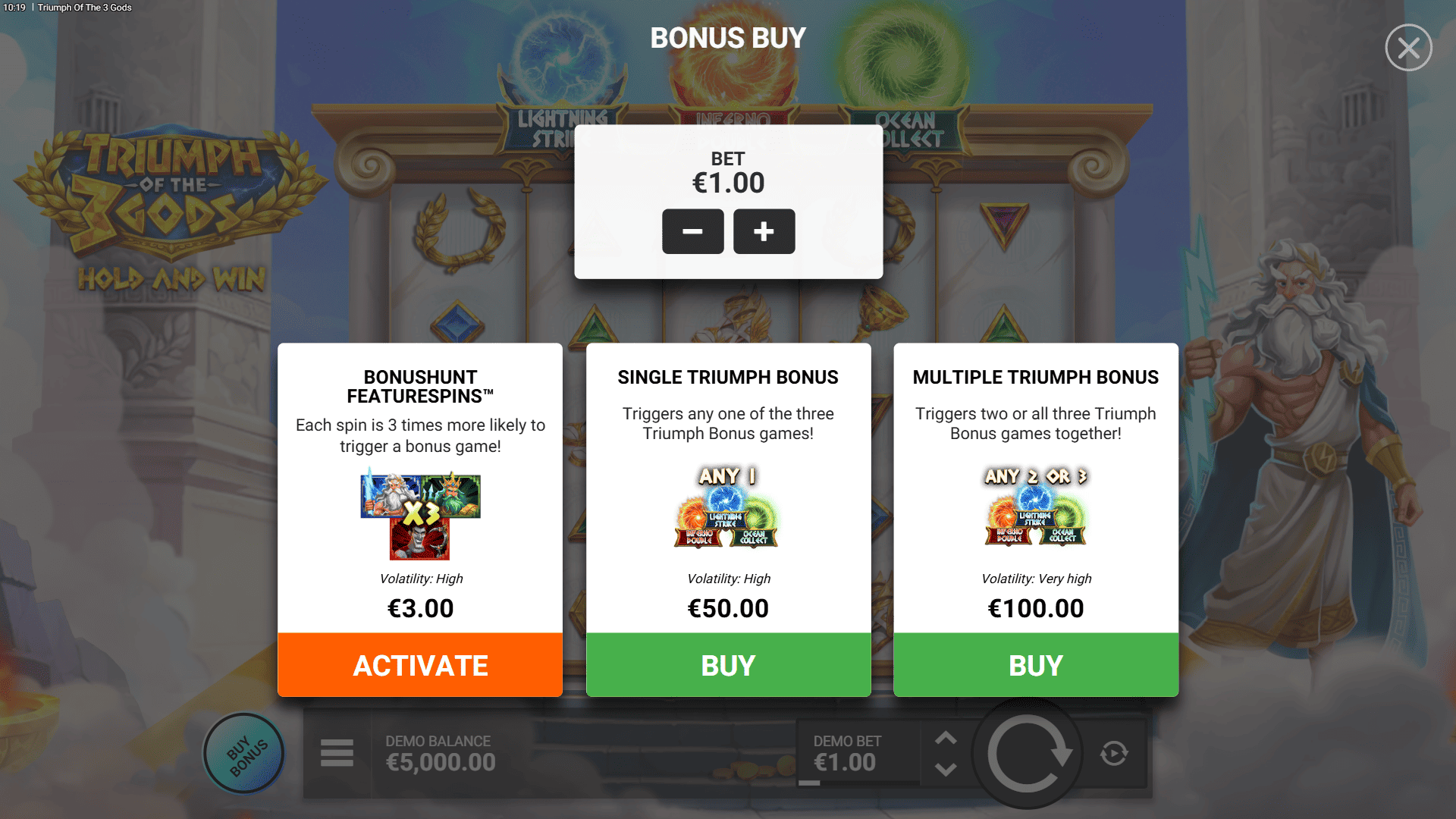 Triumph of the 3 Gods bonus buy menu