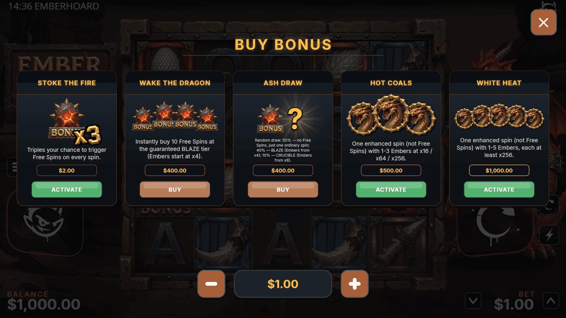 Ember Hoard bonus buy menu