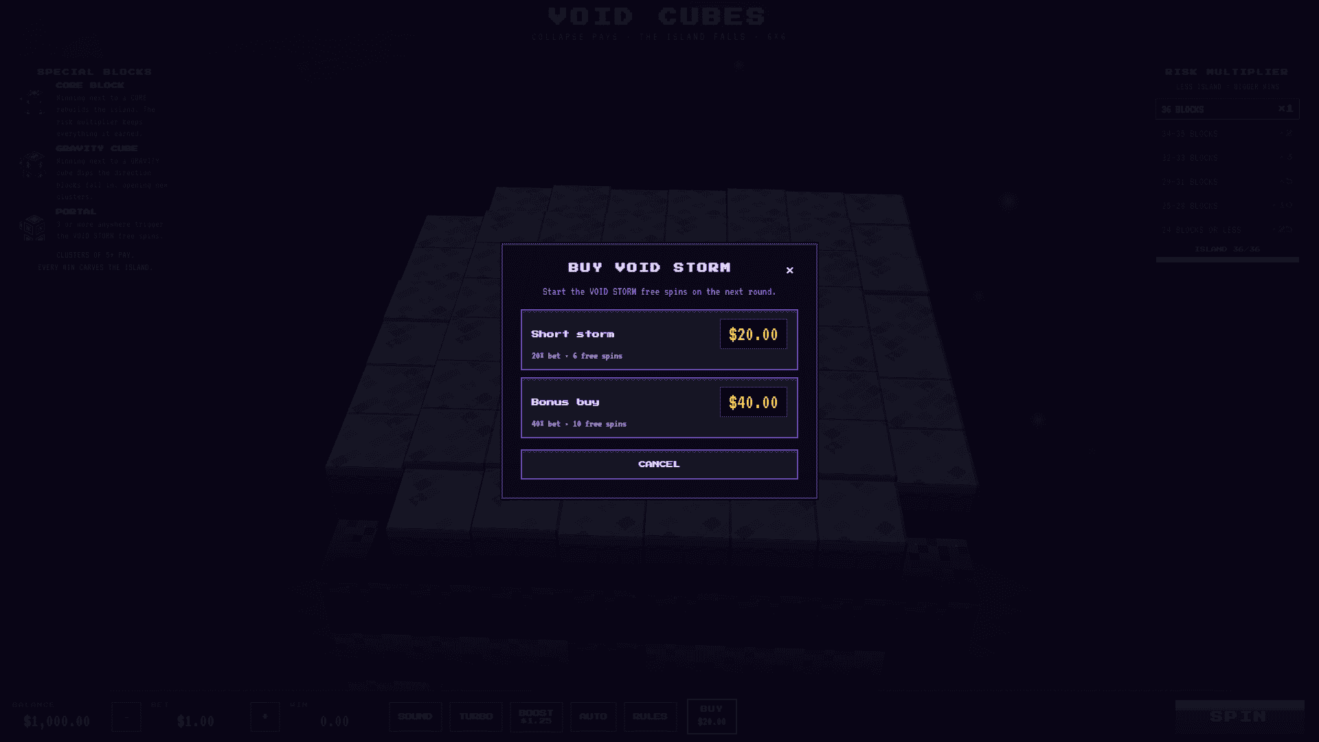 Void Cubes Cluster Pays bonus buy menu