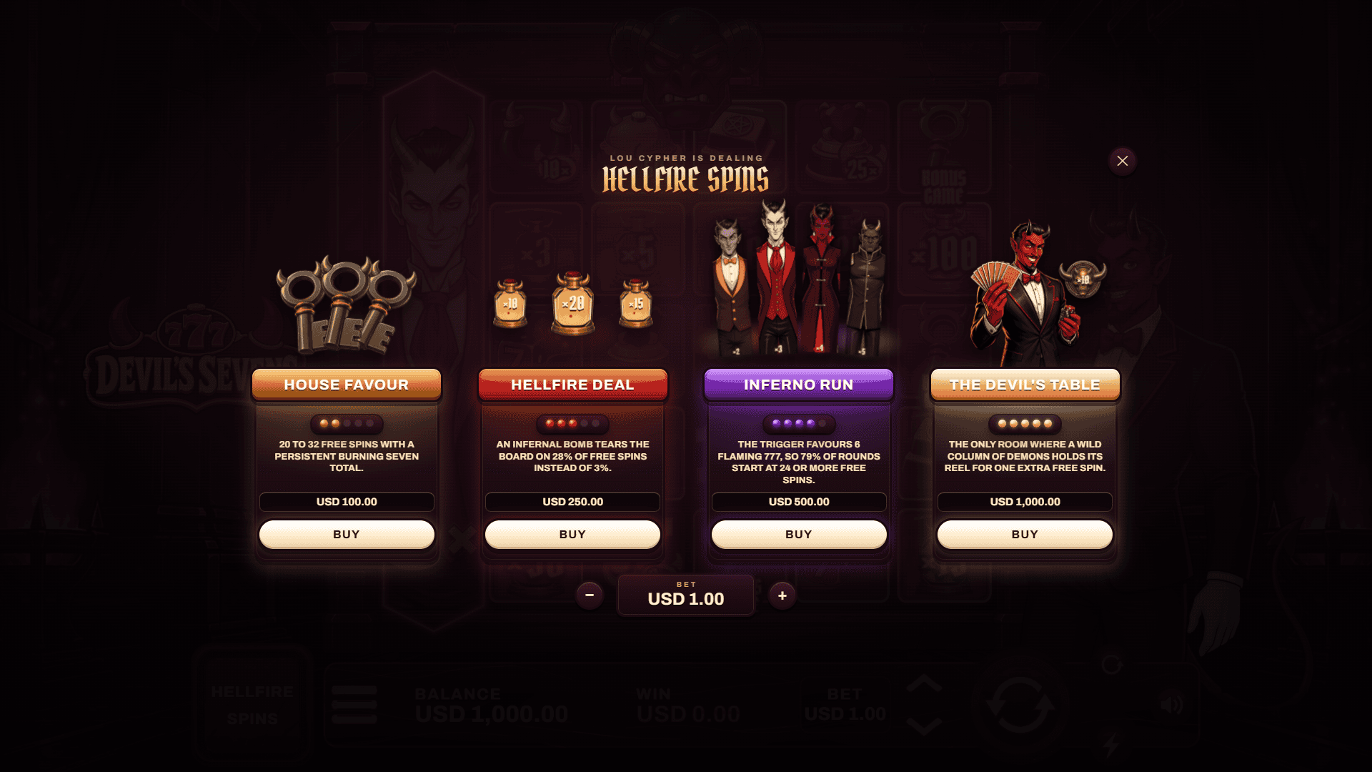 Devil's Sevens bonus buy menu