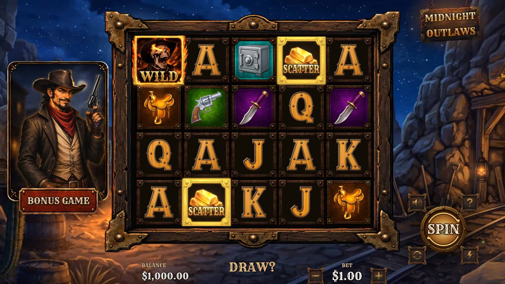 Midnight outlaws slot gameplay reels