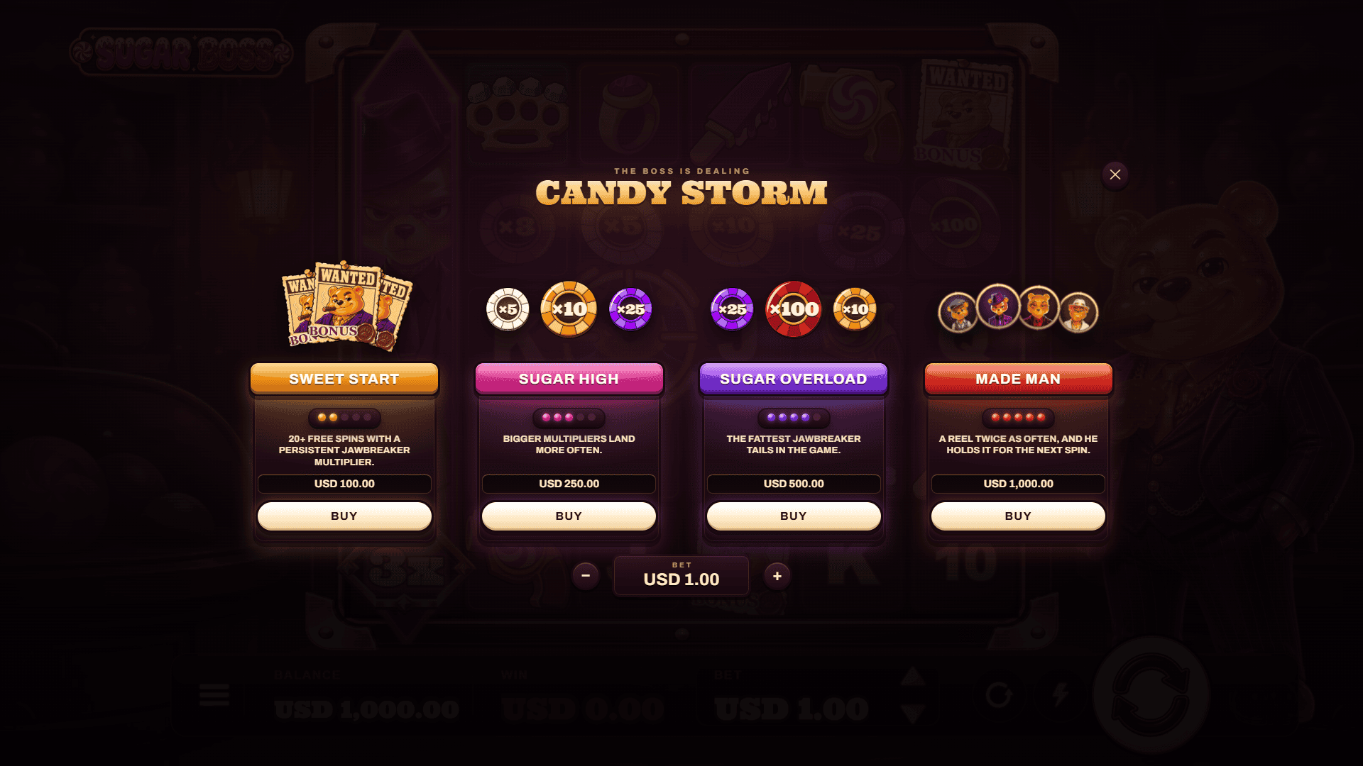 Sugar Boss bonus buy menu