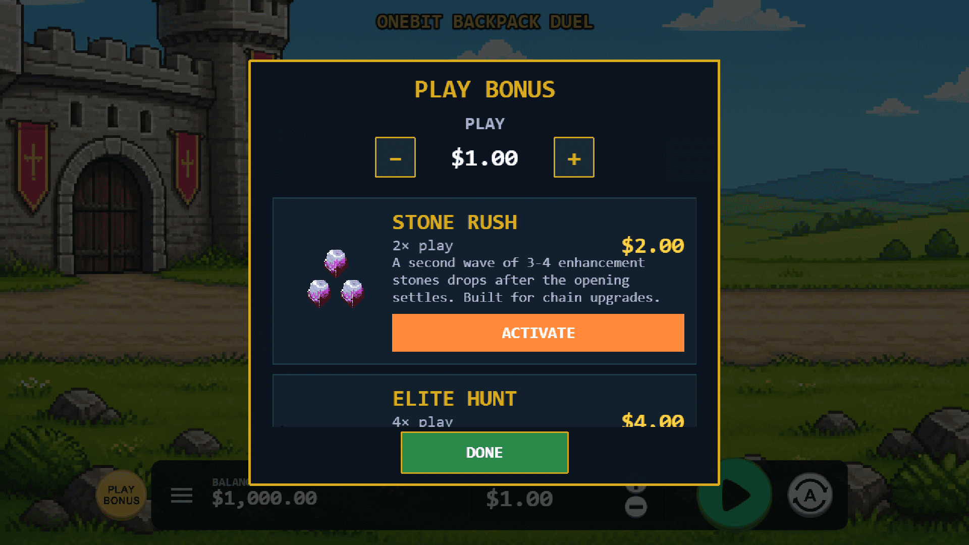 Onebit Backpack Duel bonus buy menu