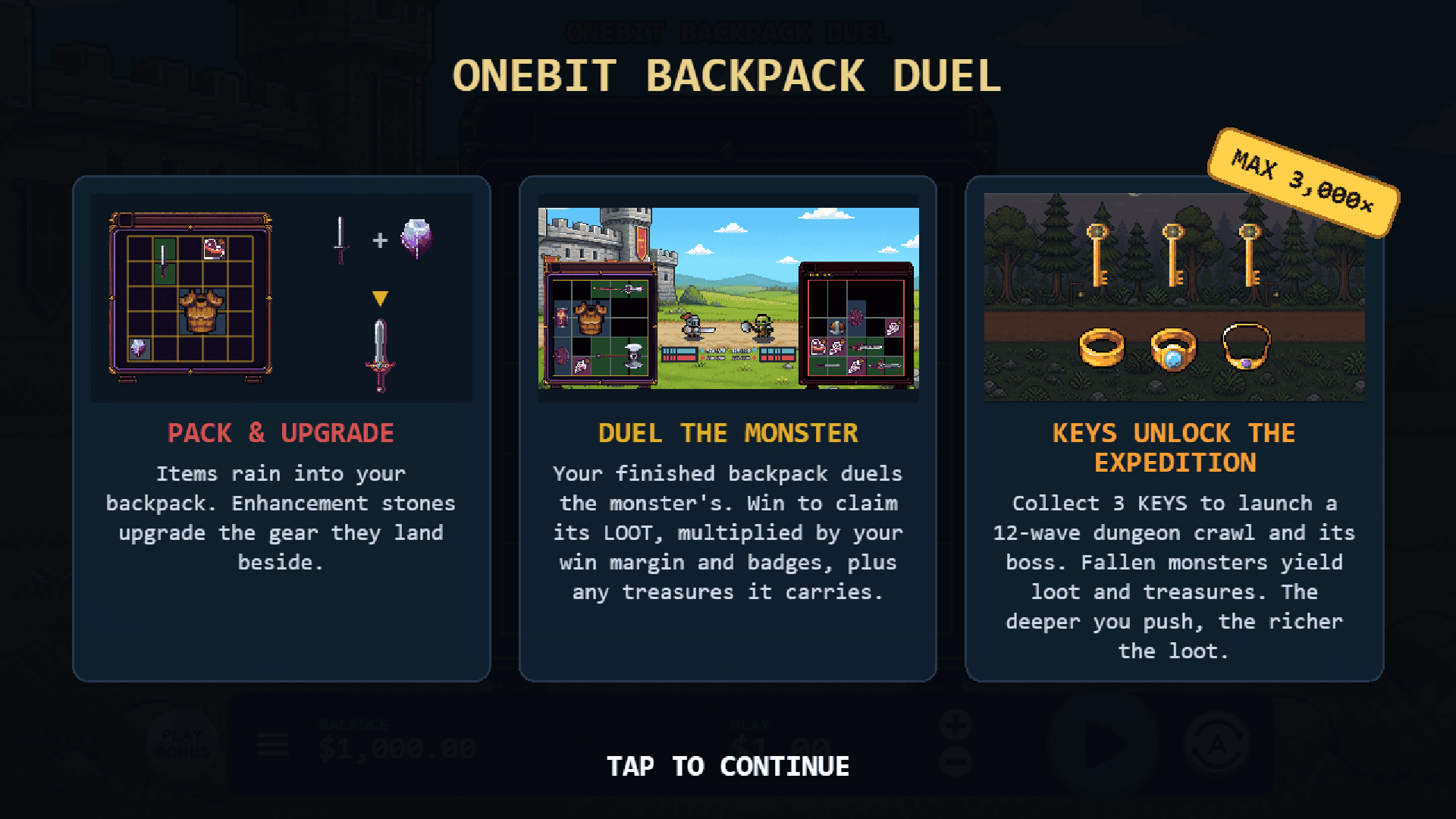 Onebit Backpack Duel slot intro screen