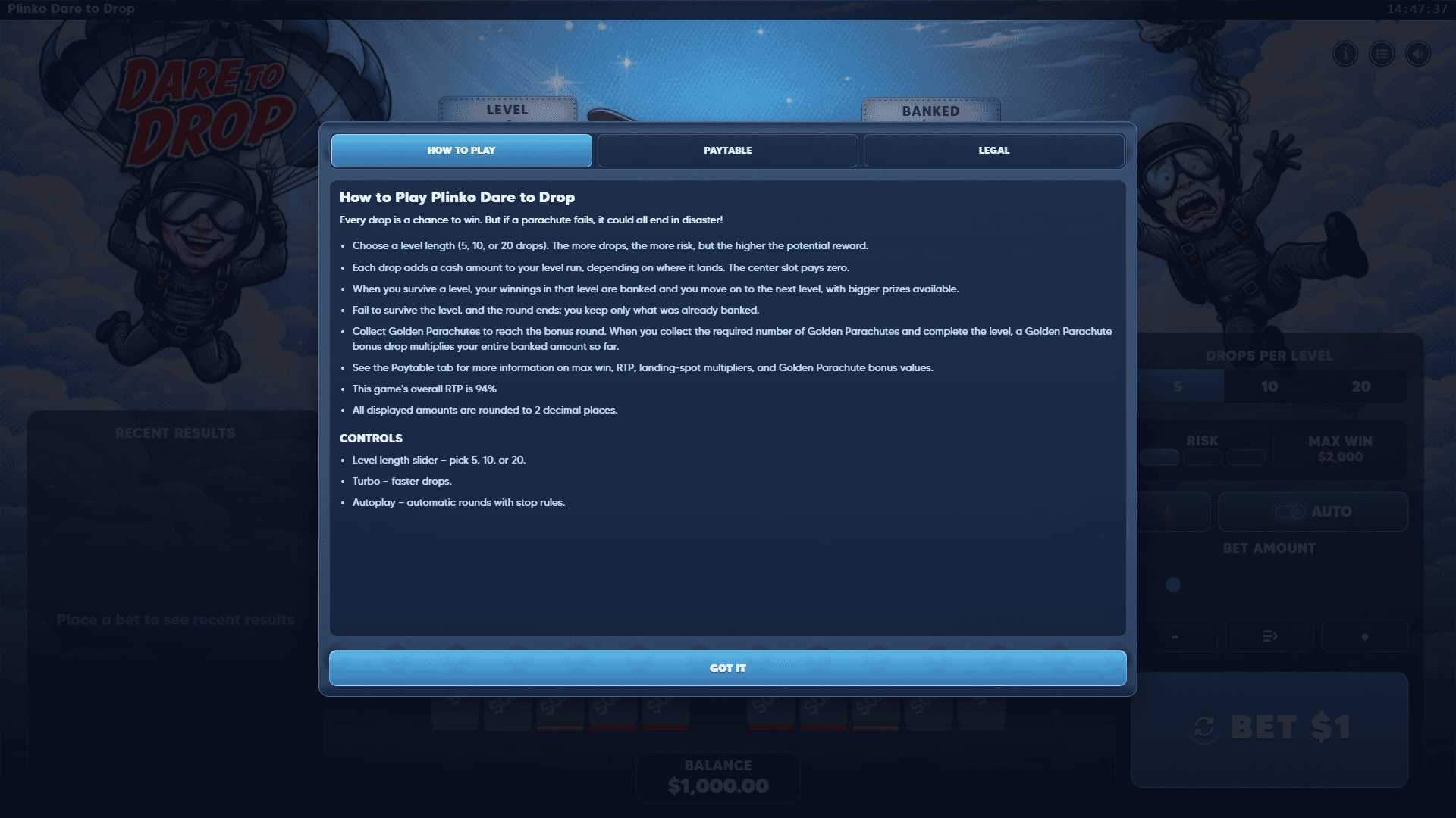 Plinko Dare to Drop bonus buy menu
