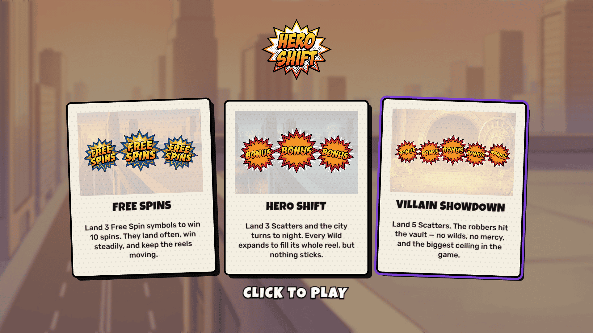 Hero Shift slot intro screen