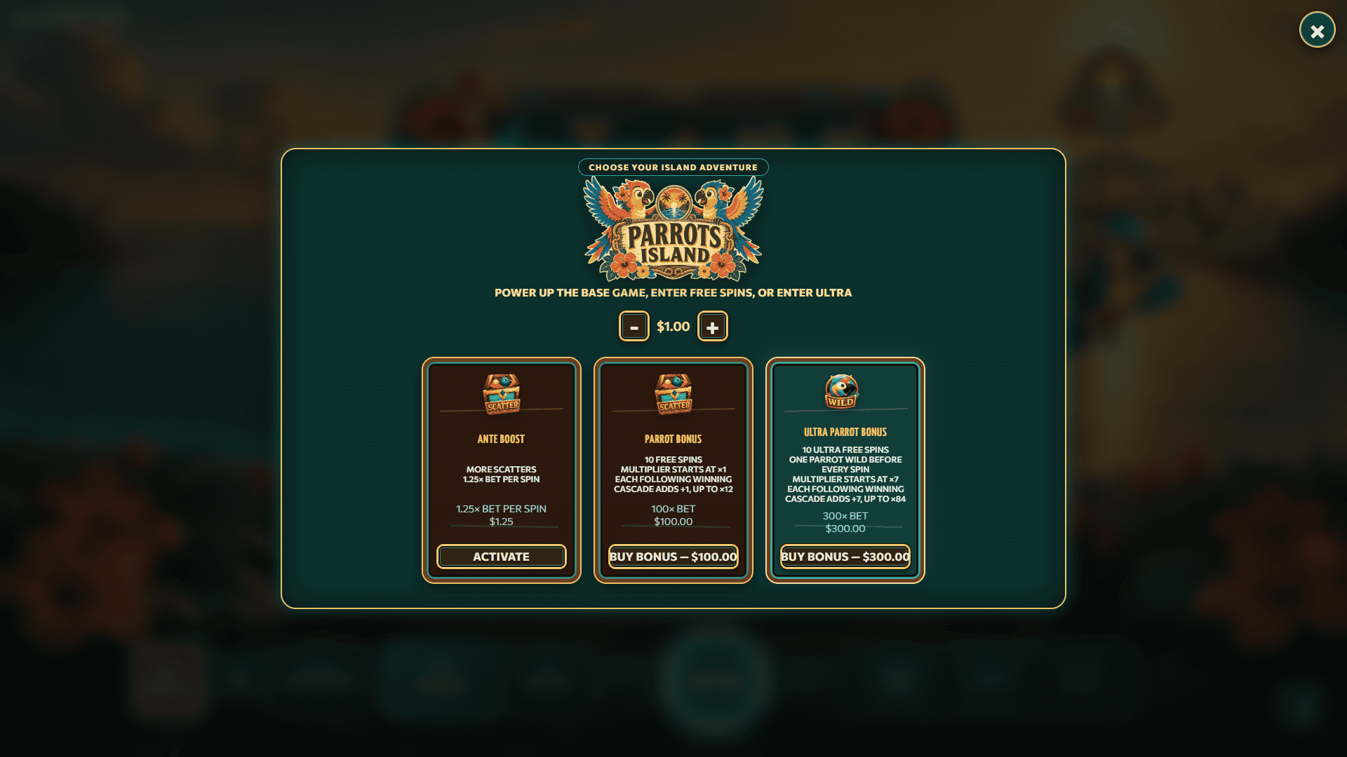 Parrots Island bonus buy menu