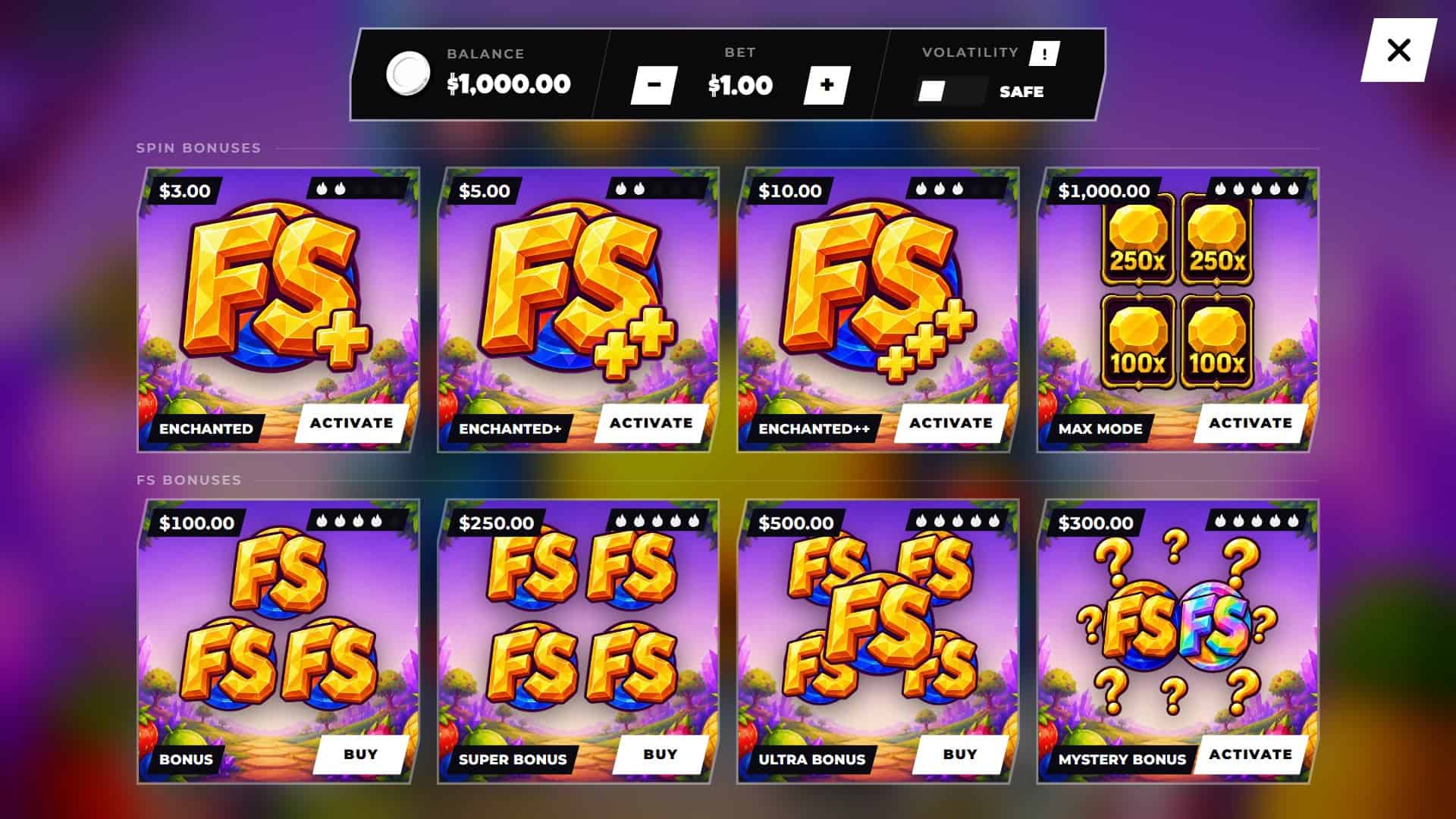 Crystal Fever bonus buy menu