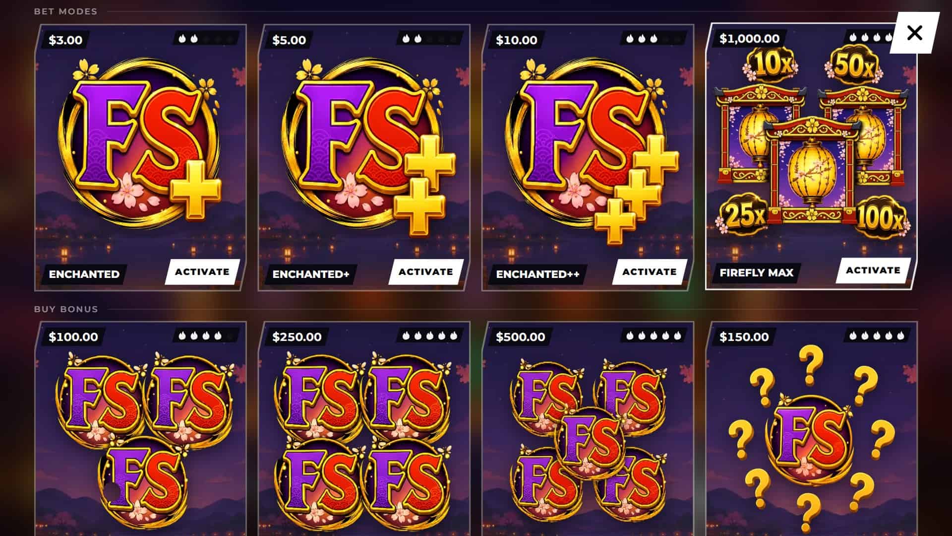 Fireflies and Lanterns bonus buy menu