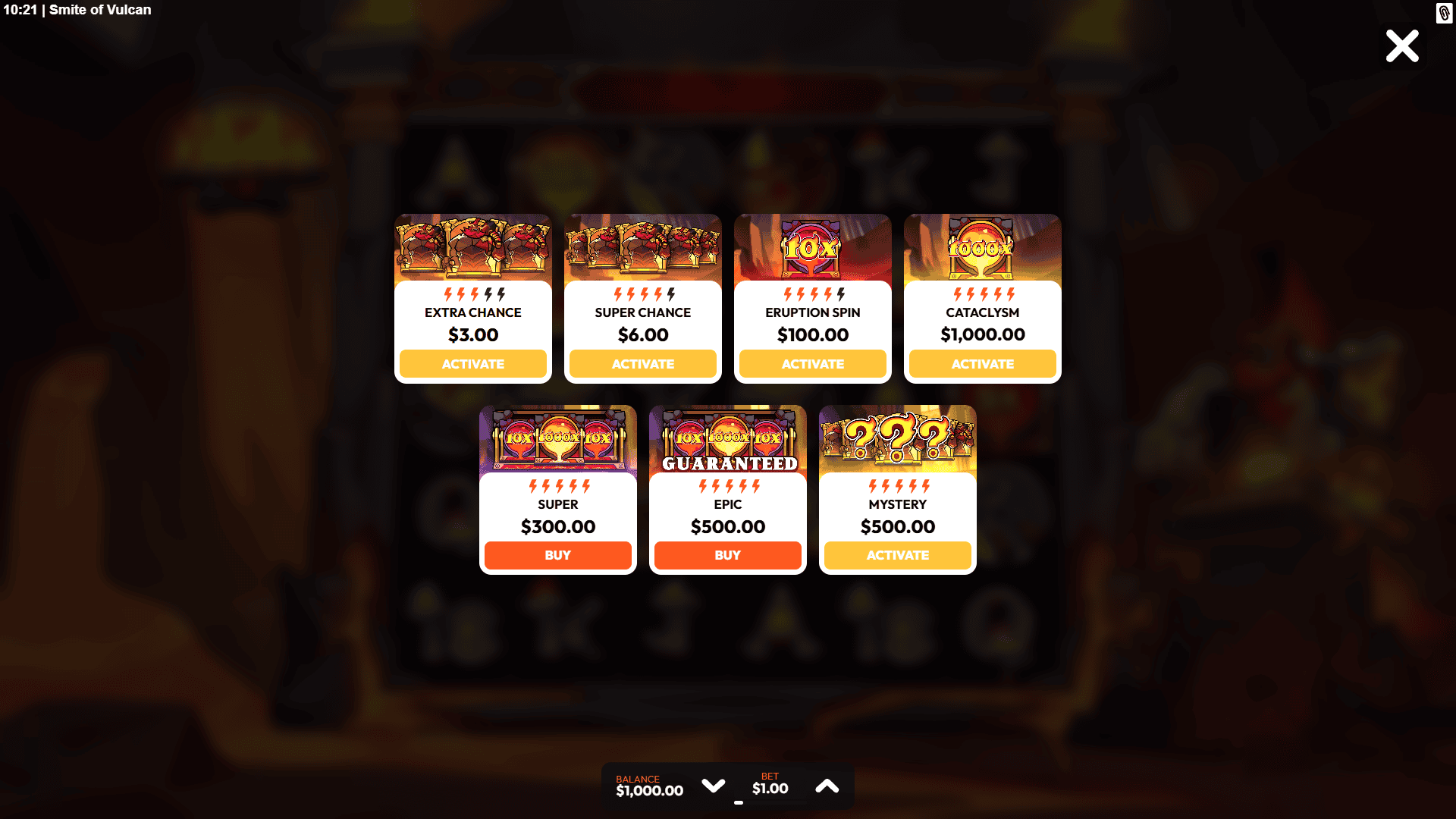 Smite of Vulcan bonus buy menu