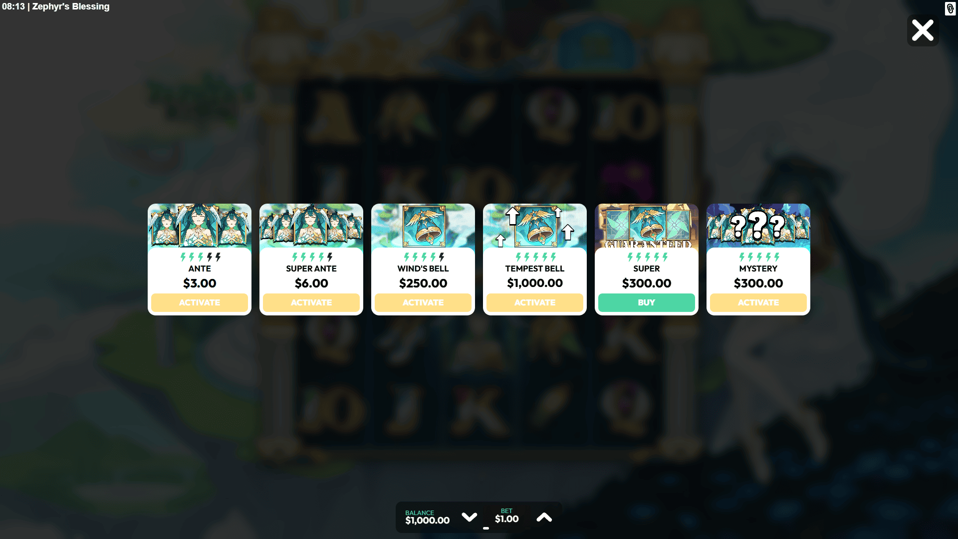 Zephyrs Blessing bonus buy menu