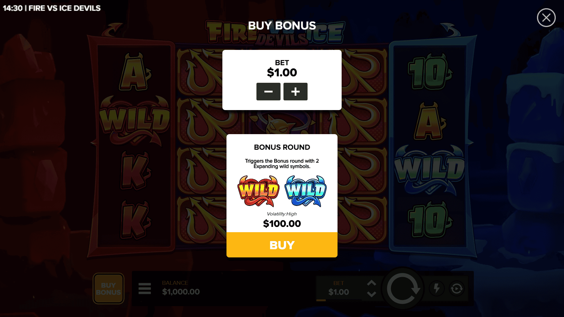 Fire vs Ice Devils bonus buy menu