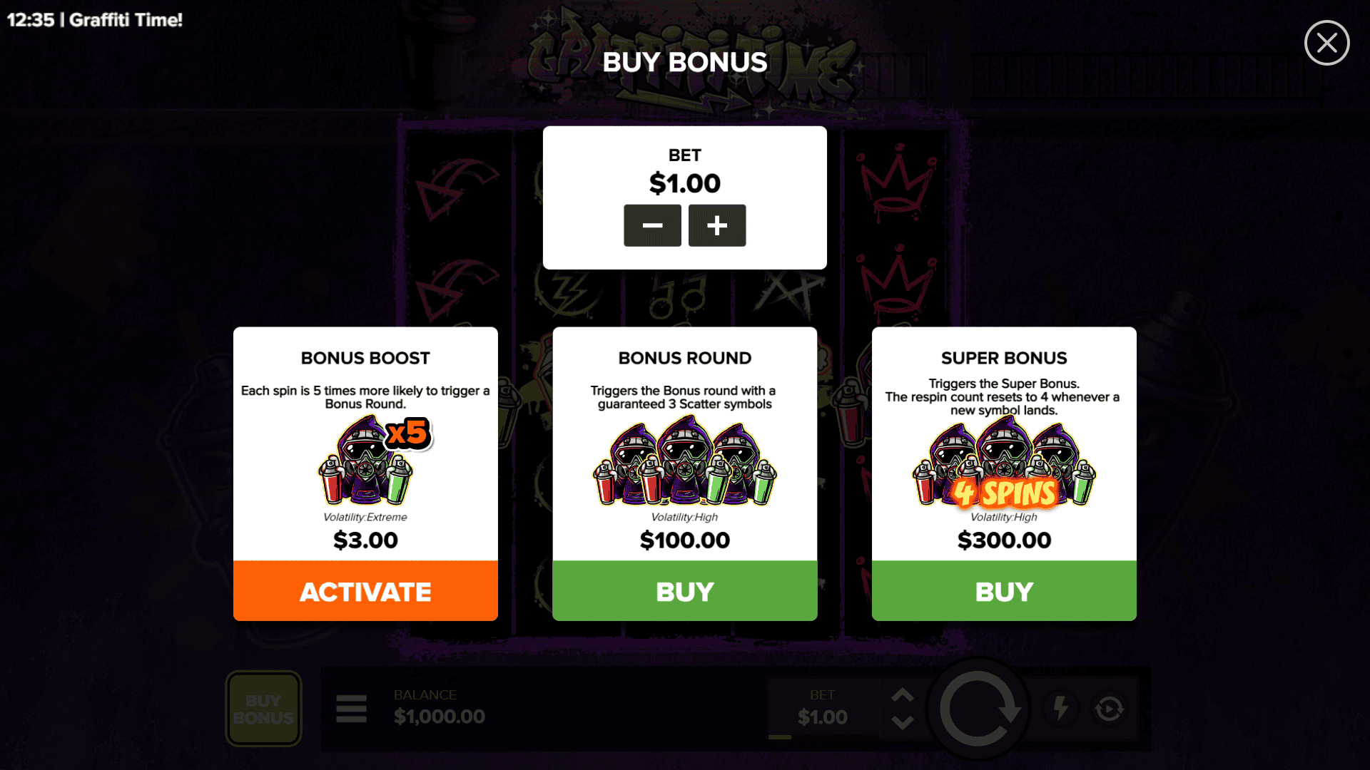 Graffiti Time bonus buy menu