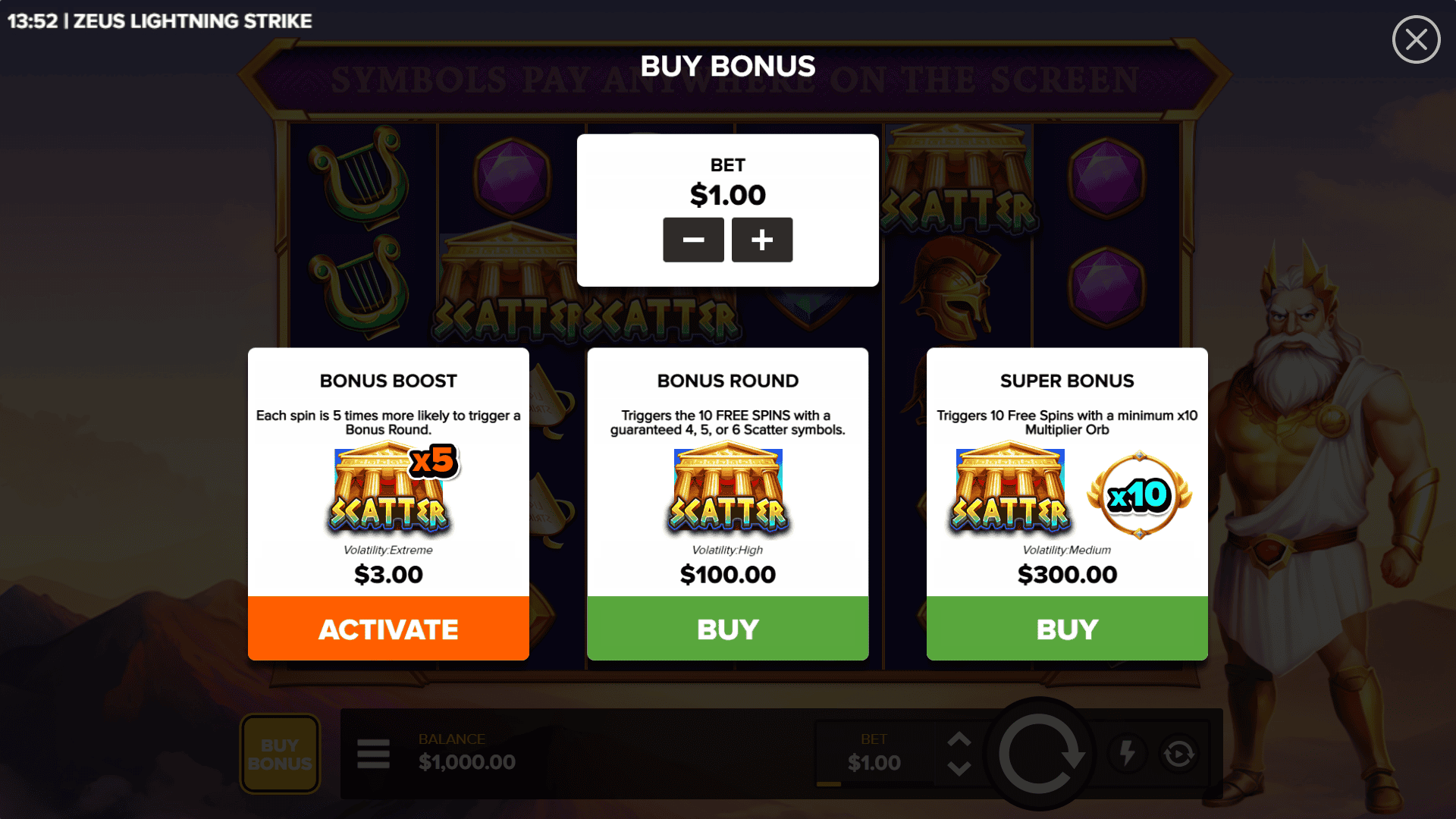 Zeus Lightning Strike bonus buy menu