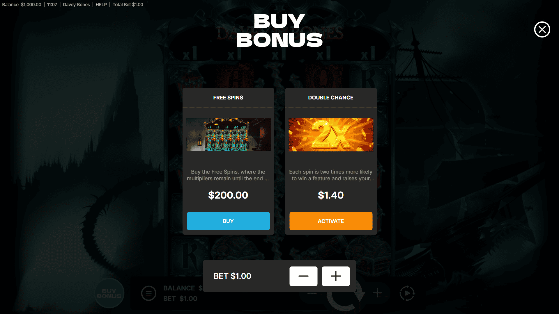 Davey Bones bonus buy menu