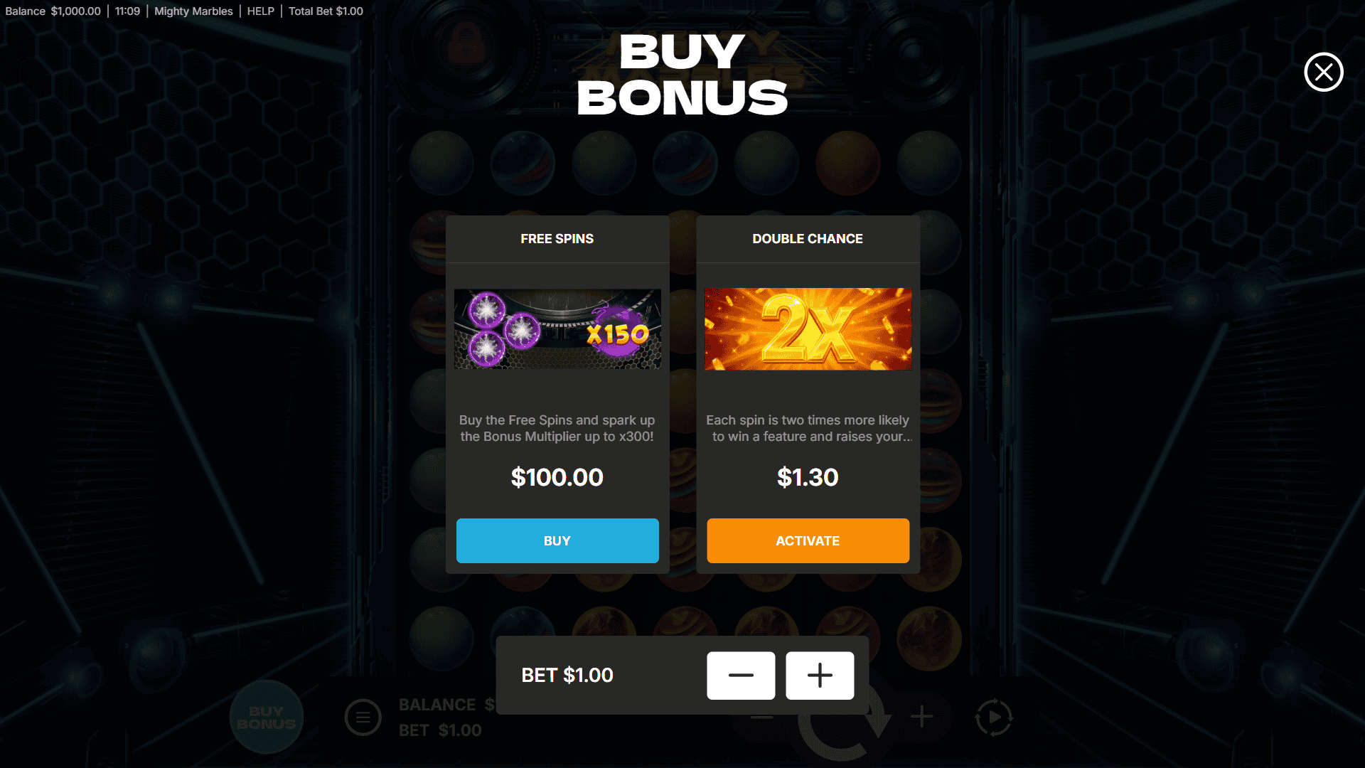 Mighty Marbles bonus buy menu