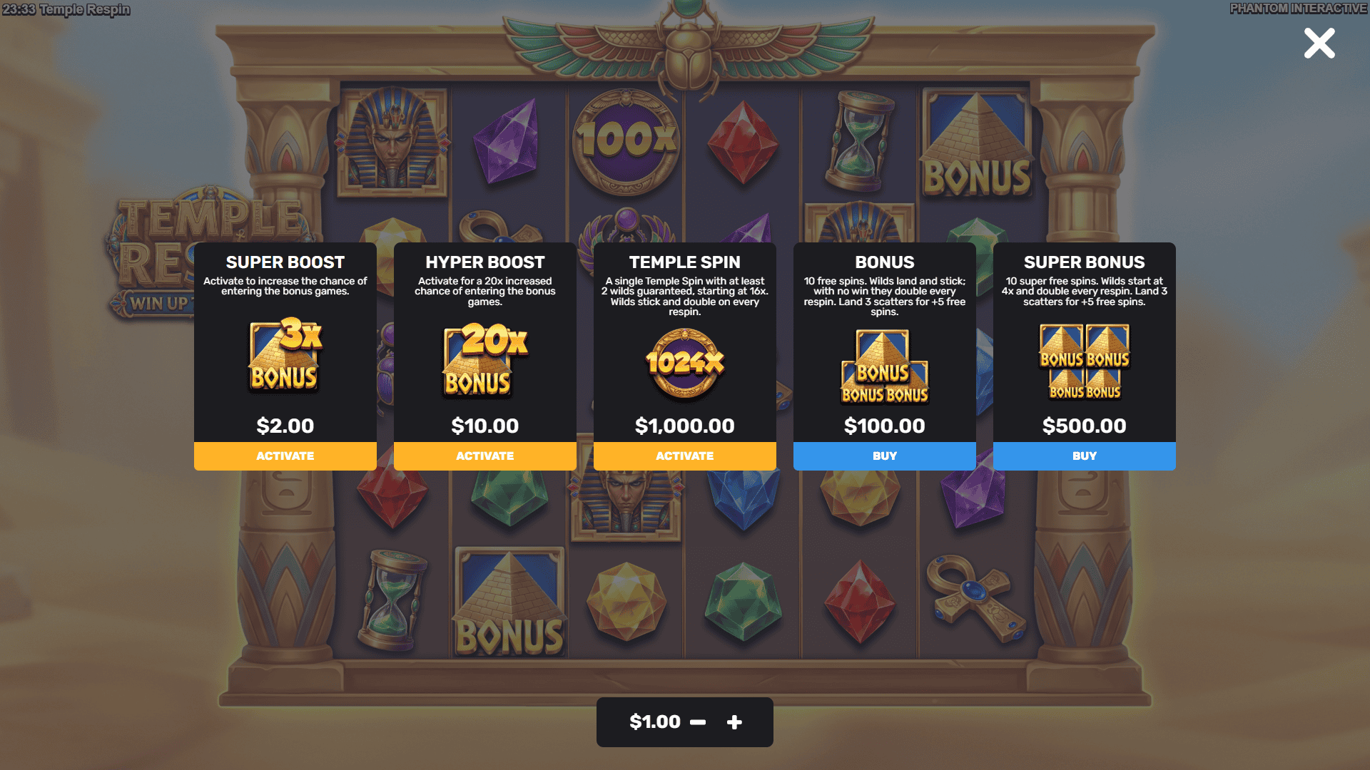 Temple Respin bonus buy menu