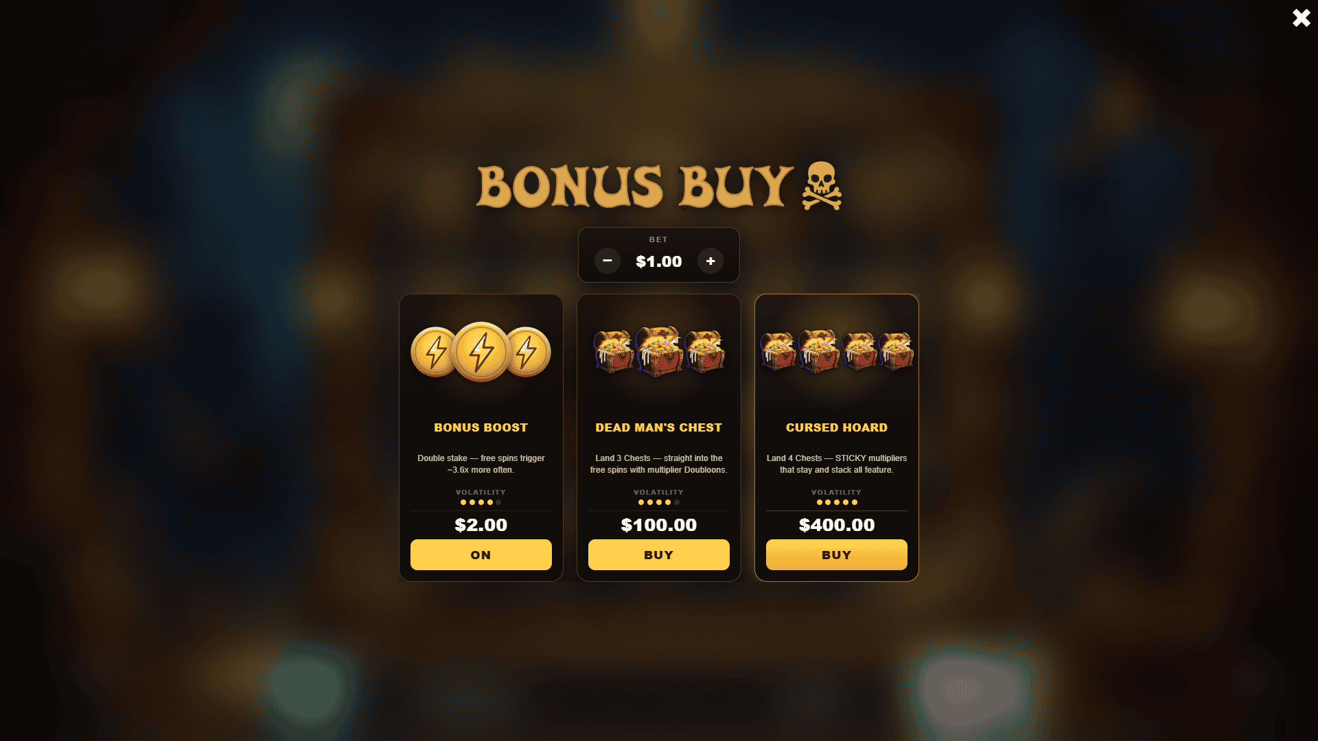 Doubloon Cove bonus buy menu