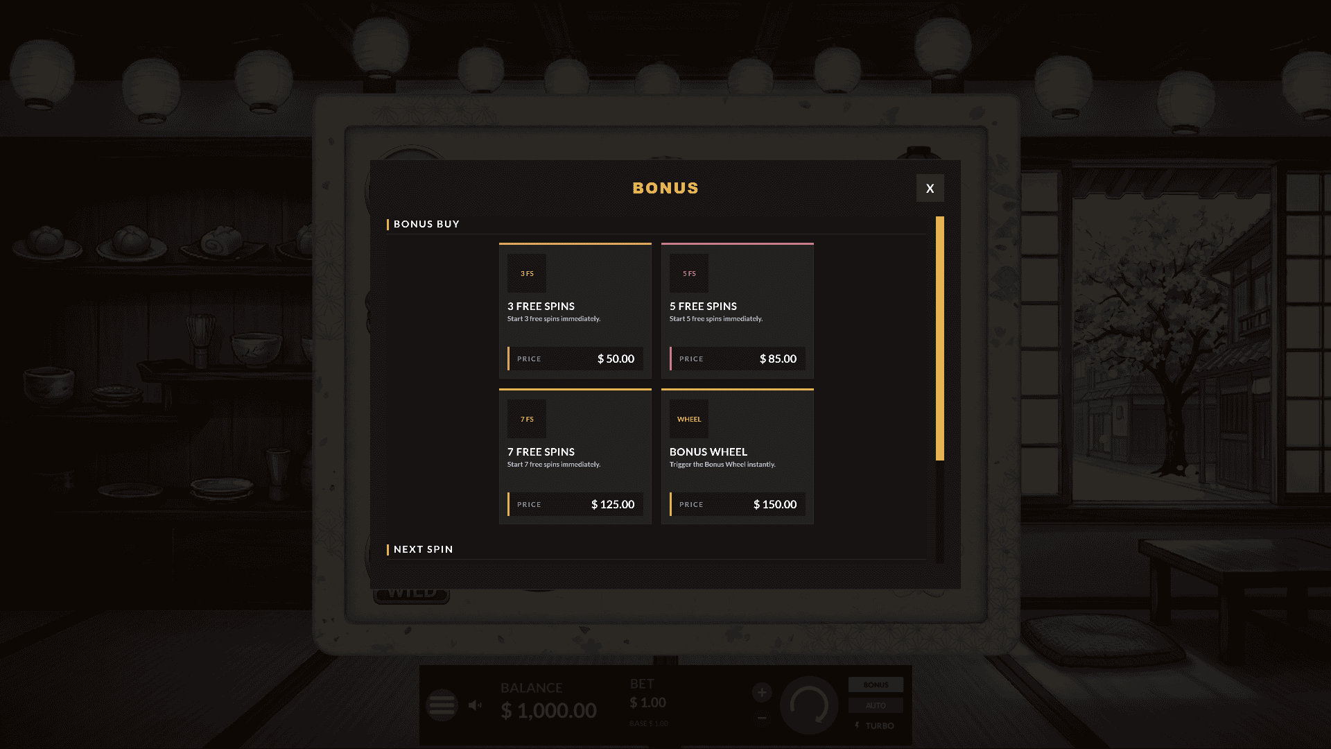 Hanagashi bonus buy menu