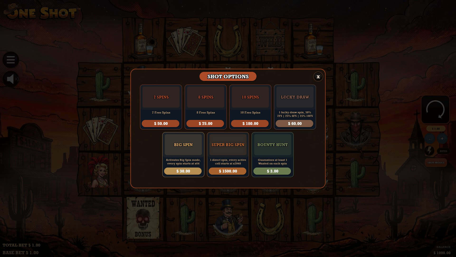 One Shot bonus buy menu