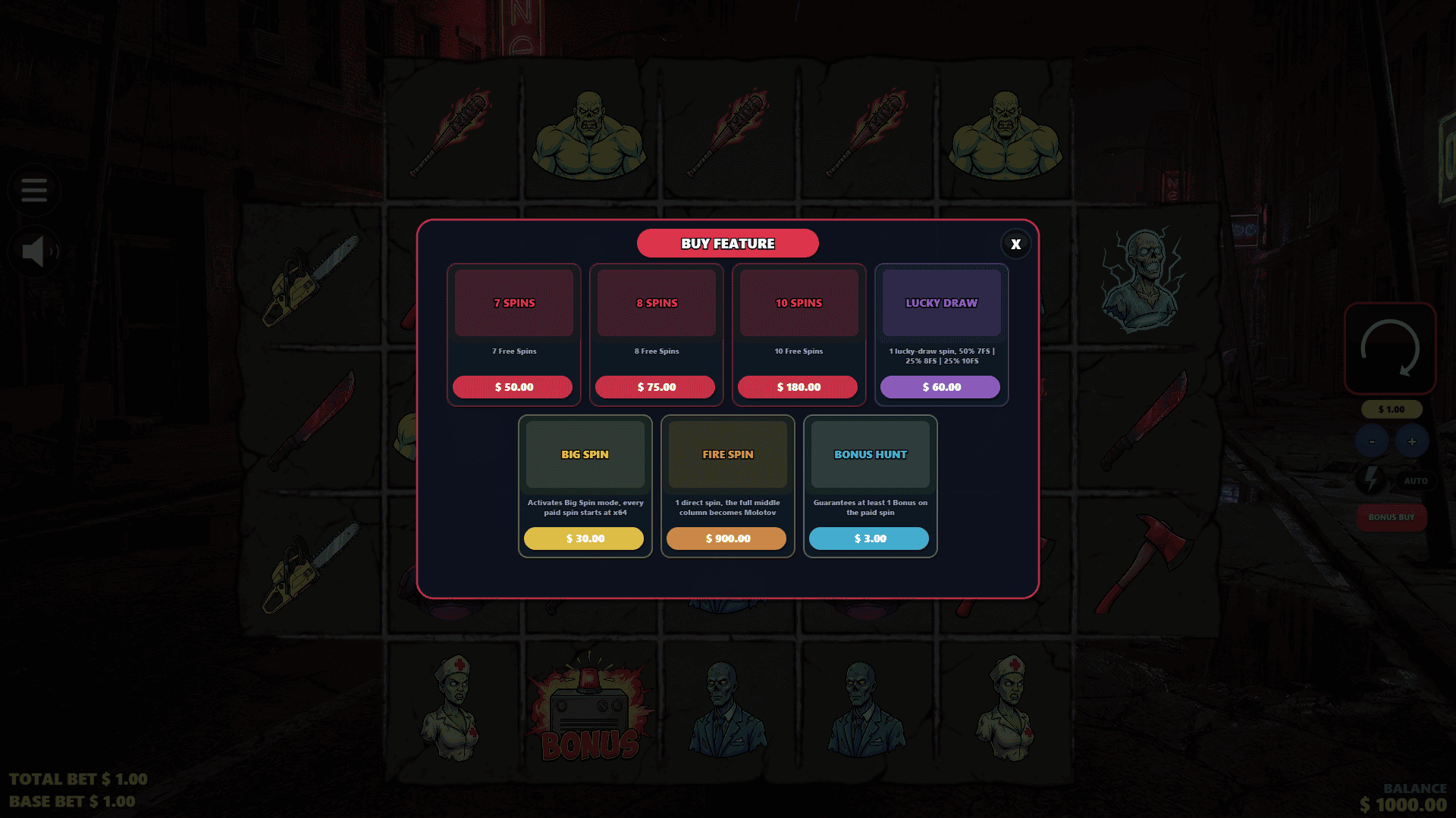 Zombie Hunter bonus buy menu