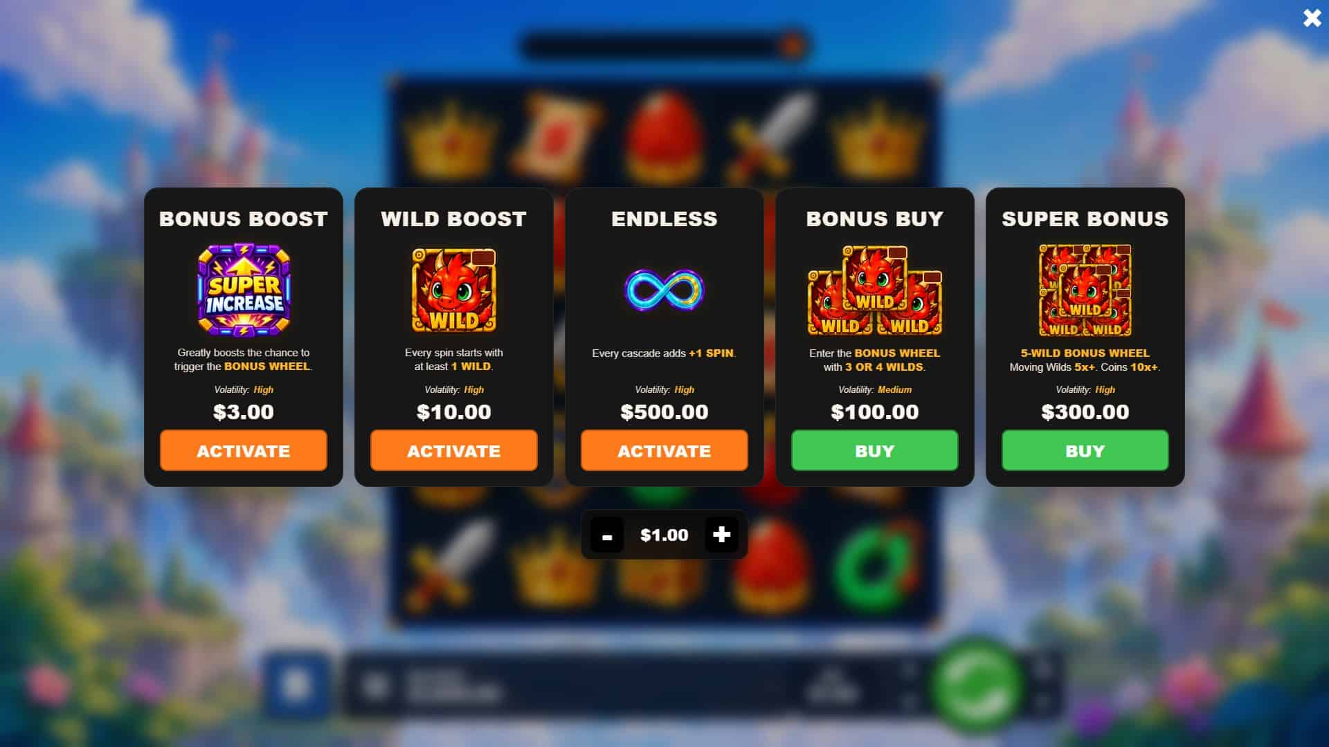 Pixi Dragon bonus buy menu