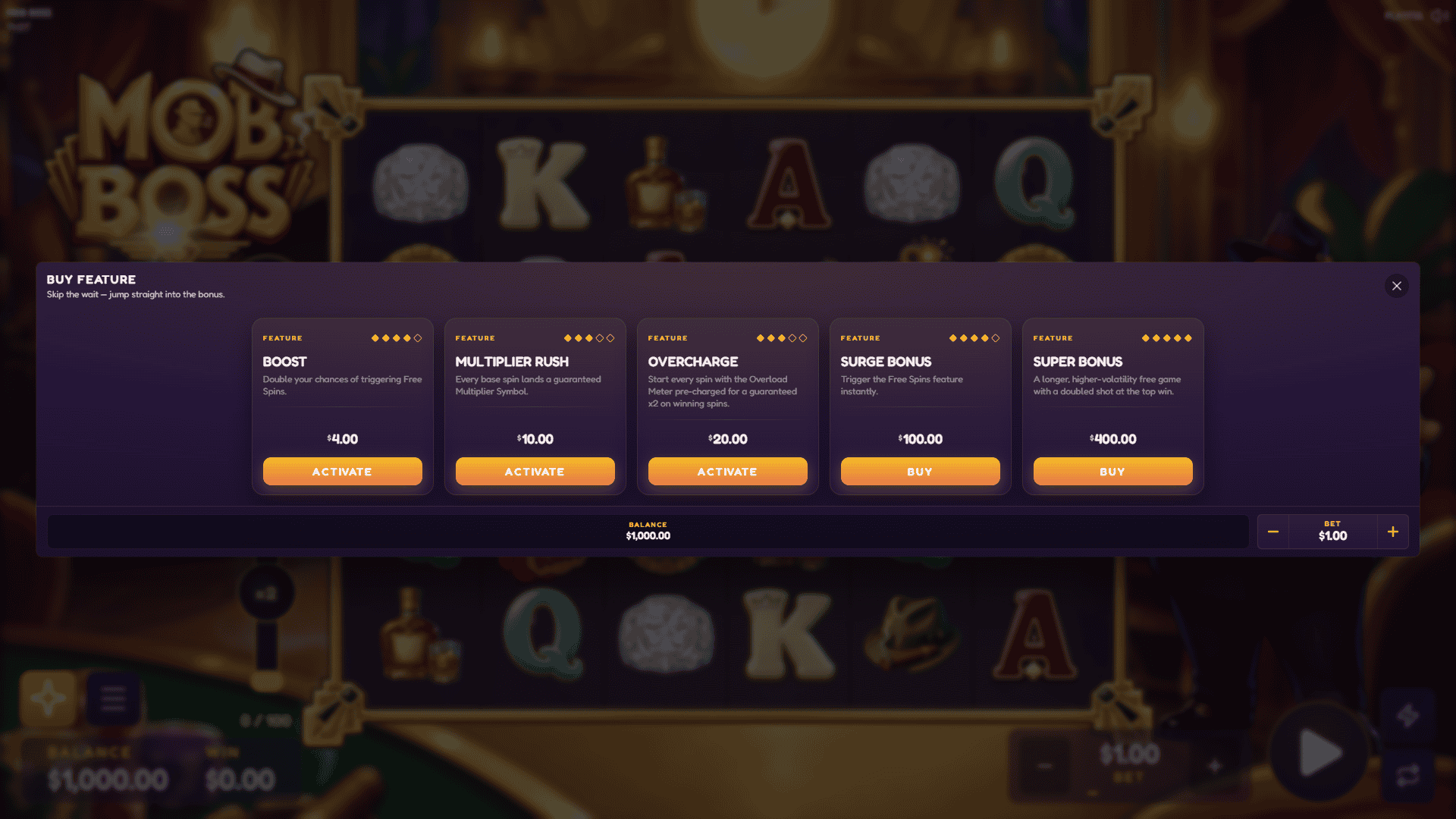 Mob Boss bonus buy menu