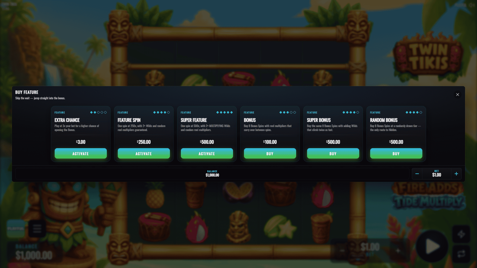 Twin Tikis bonus buy menu