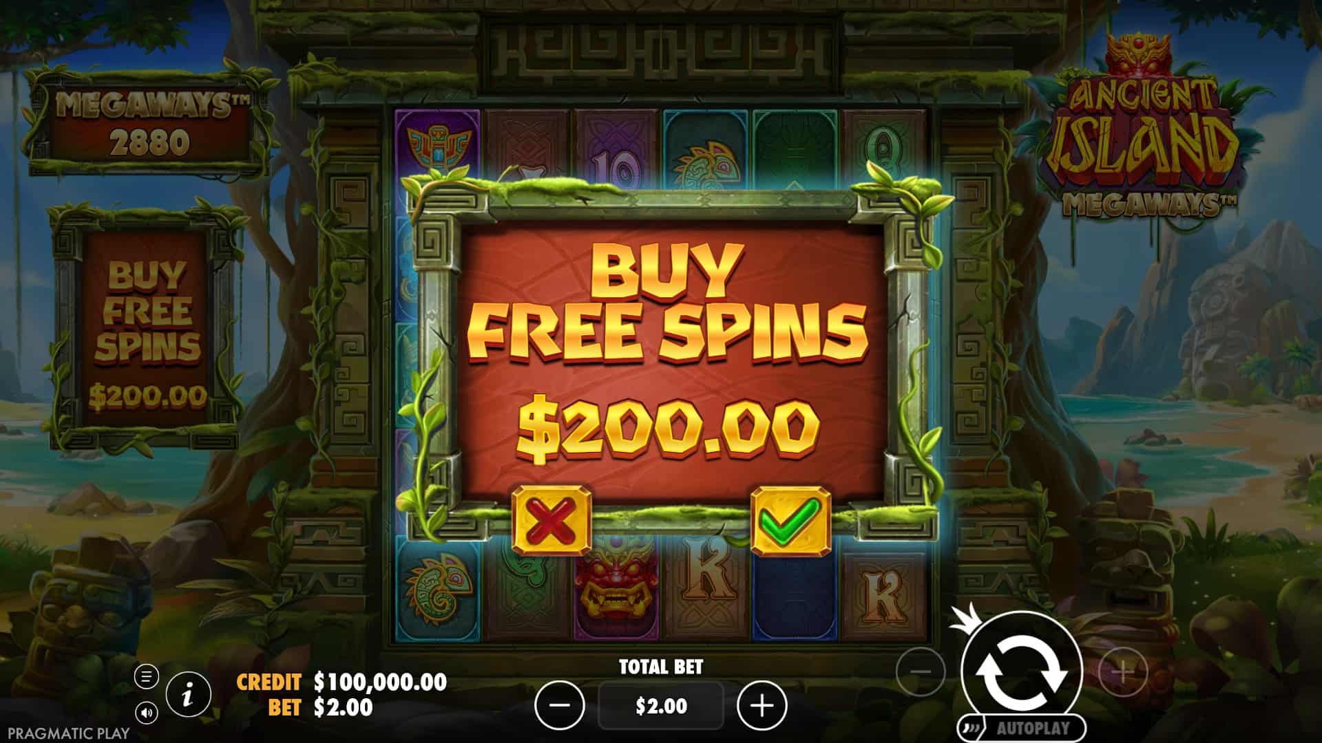 Ancient Island Megaways bonus buy menu