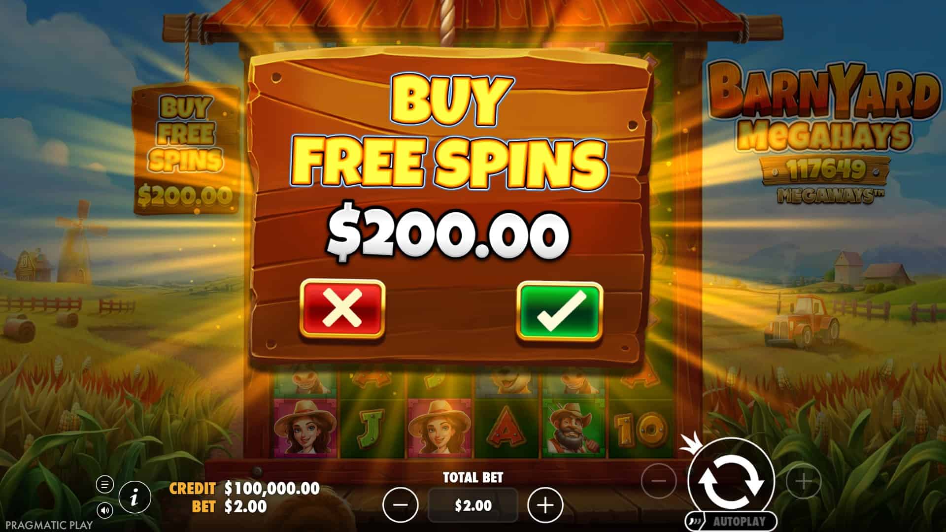 Barnyard Megahays Megaways bonus buy menu