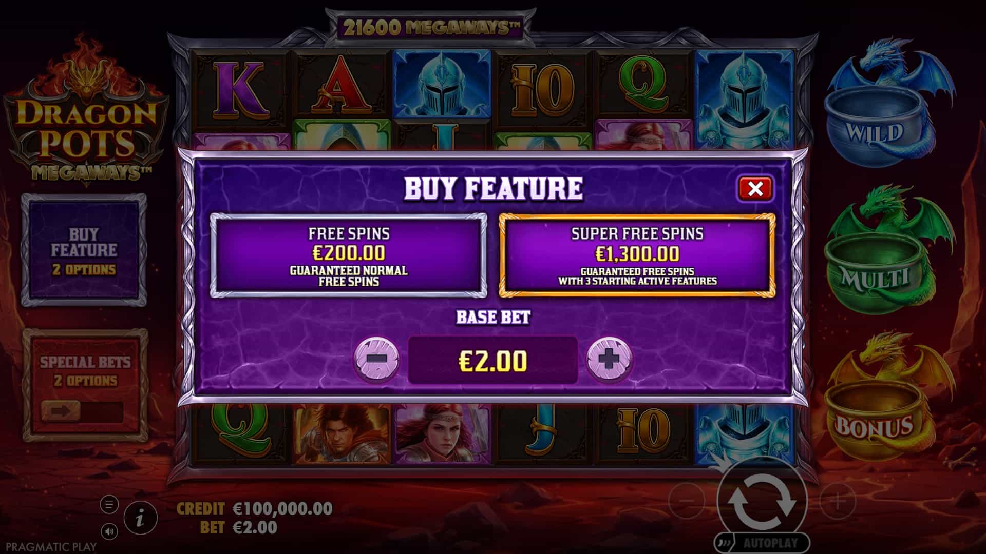 Dragon Pots Megaways bonus buy menu