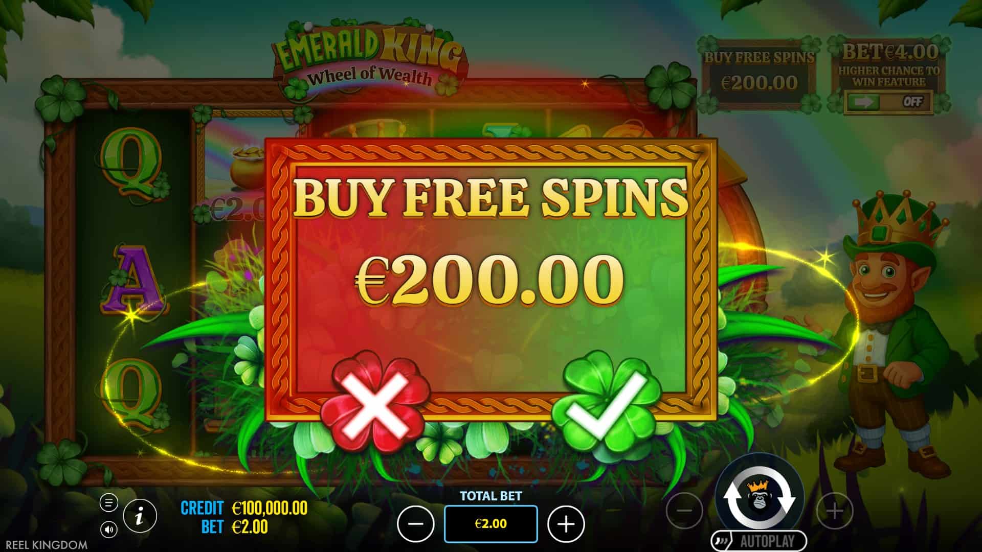 Emerald King Wheel of Wealth bonus buy menu