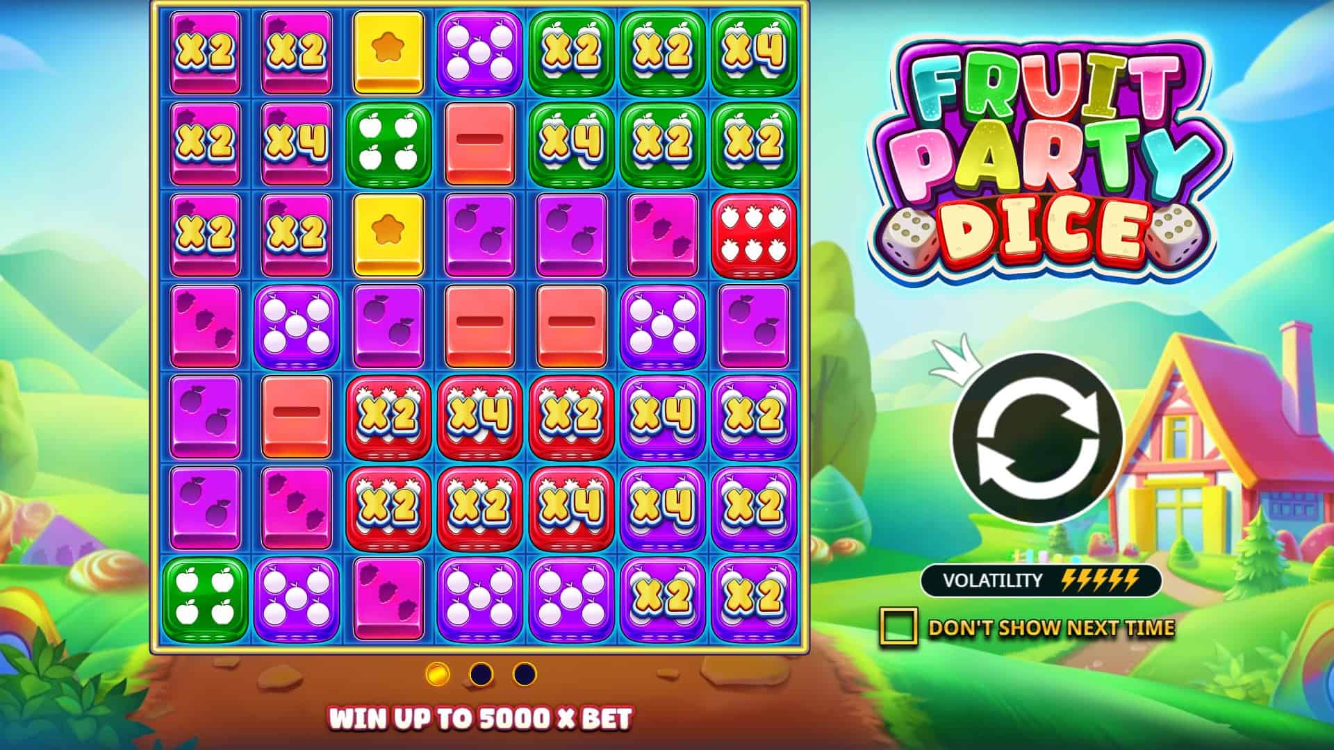 Fruit Party Dice Cluster Pays slot intro screen