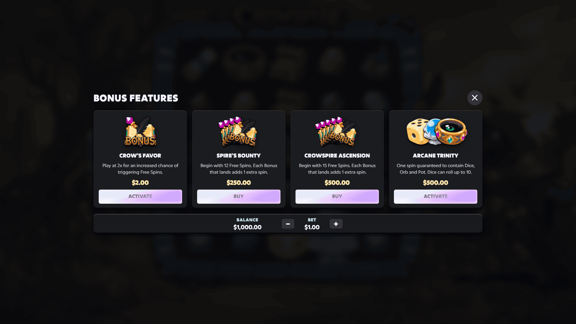 Crowspire bonus buy menu