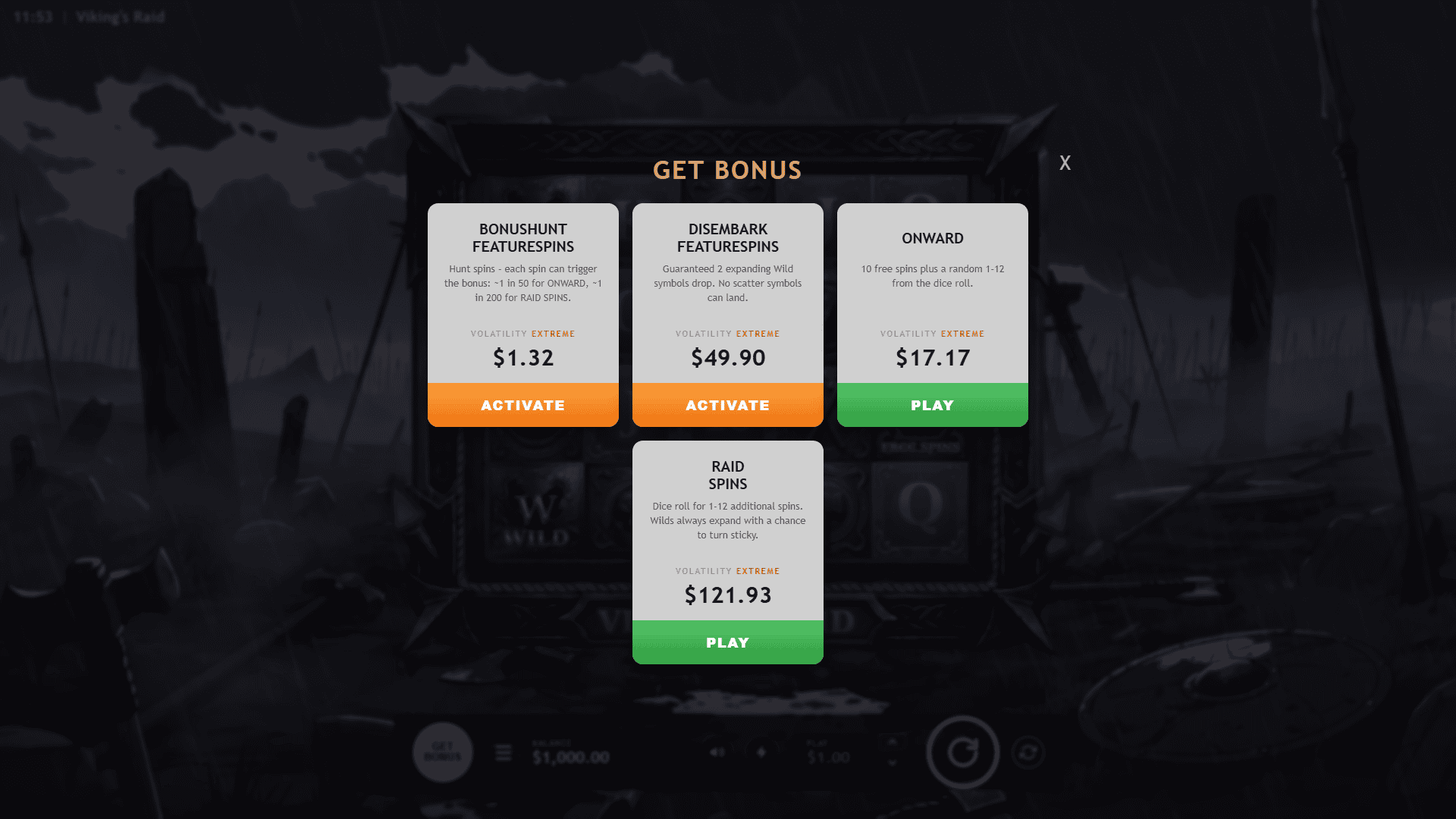 Vikings Raid bonus buy menu